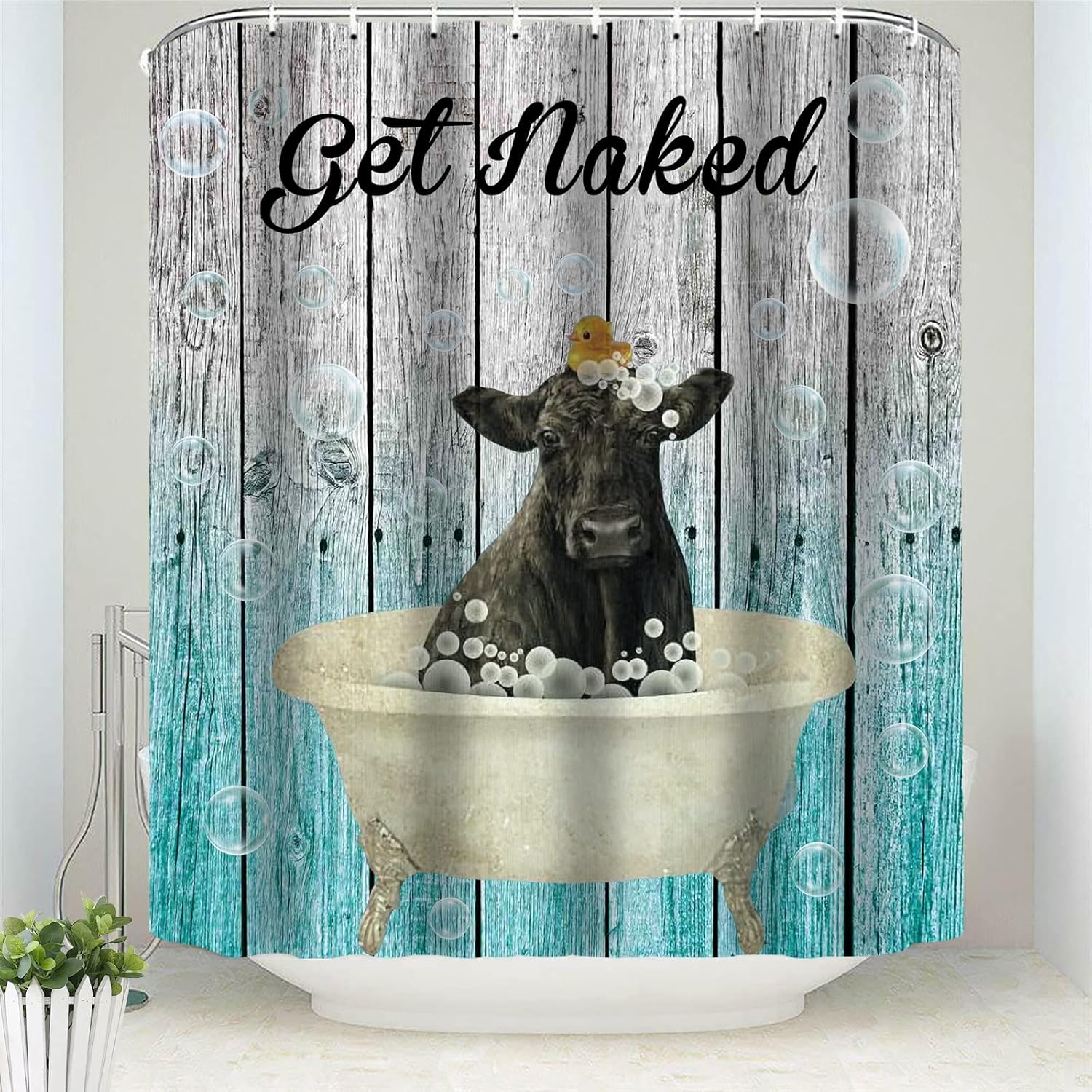 GOOESING Funny Get Naked Cow Shower Curtain for Bathroom Decor Rustic Wood Panels Farmhouse Shower Curtains Set with 12 Hooks 72x72 Inches