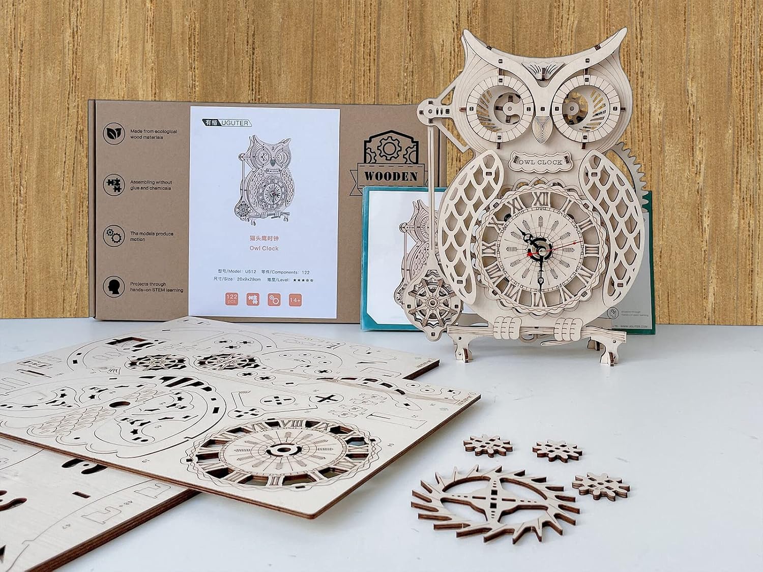 UGUTER 3D 木製パズル フクロウ 時計 DIY ホームデコレーション レーザーカット 機械モデル 大人とティーン向け素晴らし