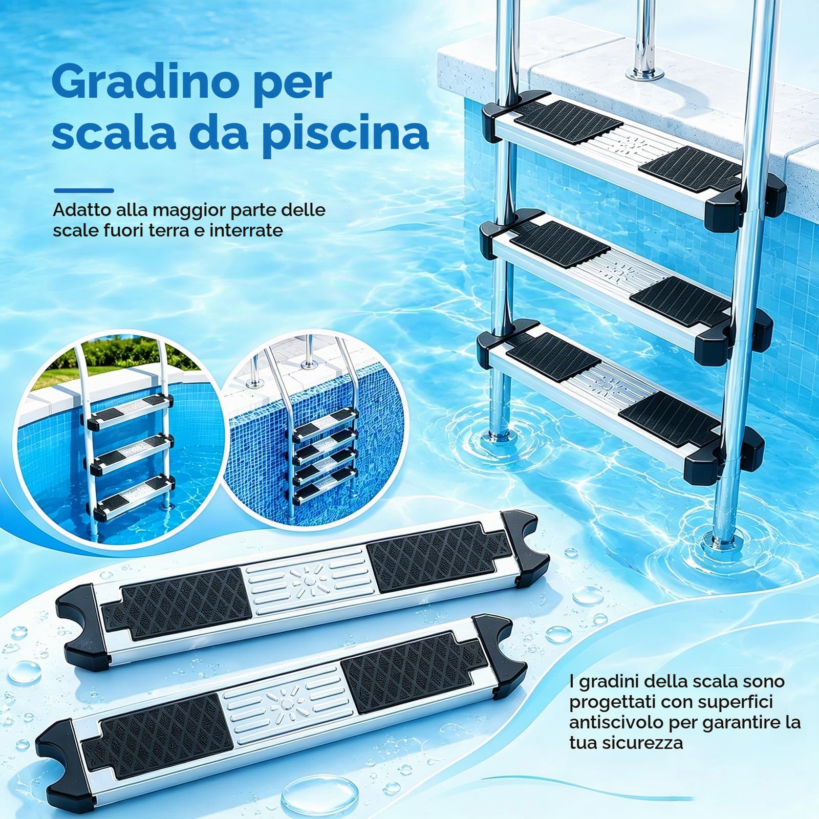 Gradini per Scalette Piscina, Set 2 Gradini Antiscivolo Gradino Ricambio in Acciaio Inox Pedale Universale per Scalette Accessorio Antiscivolo Ricambi per Gradino