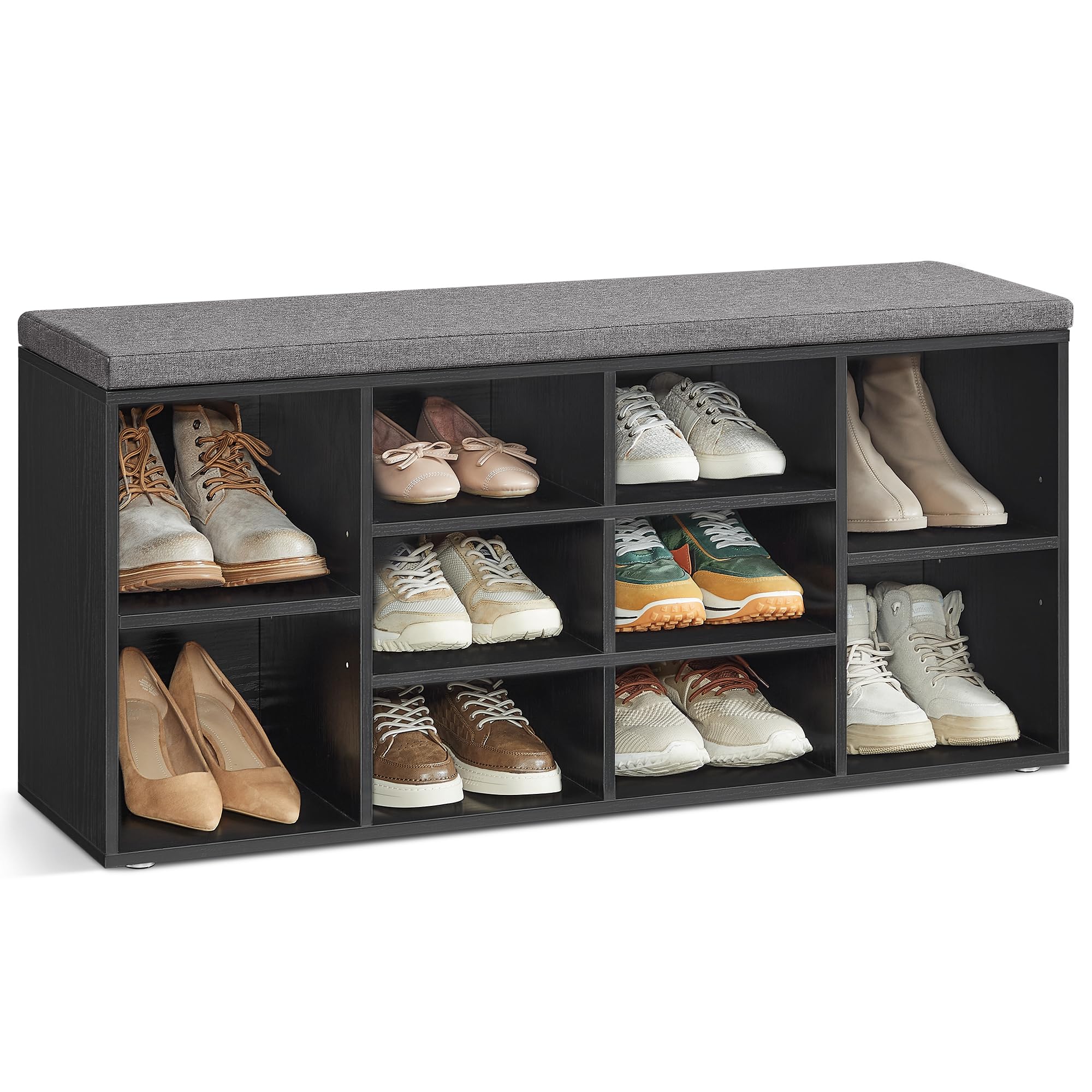 VASAGLE Shoe Bench, Shoe Shelf, Storage Cabinet, 10 Compartments, with Cushion, for Entryway, 104 x 30 x 48 cm, Camel Brown LHS010K04