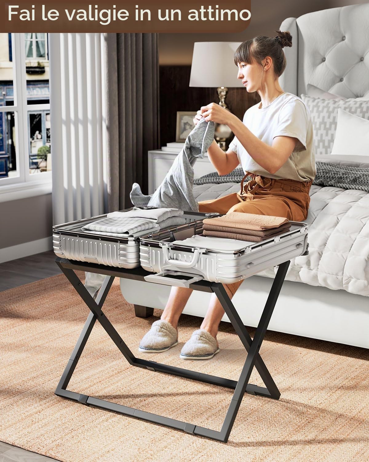 IBUYKE Luggage Rack Foldable Suitcase Stand Metal Holder Black