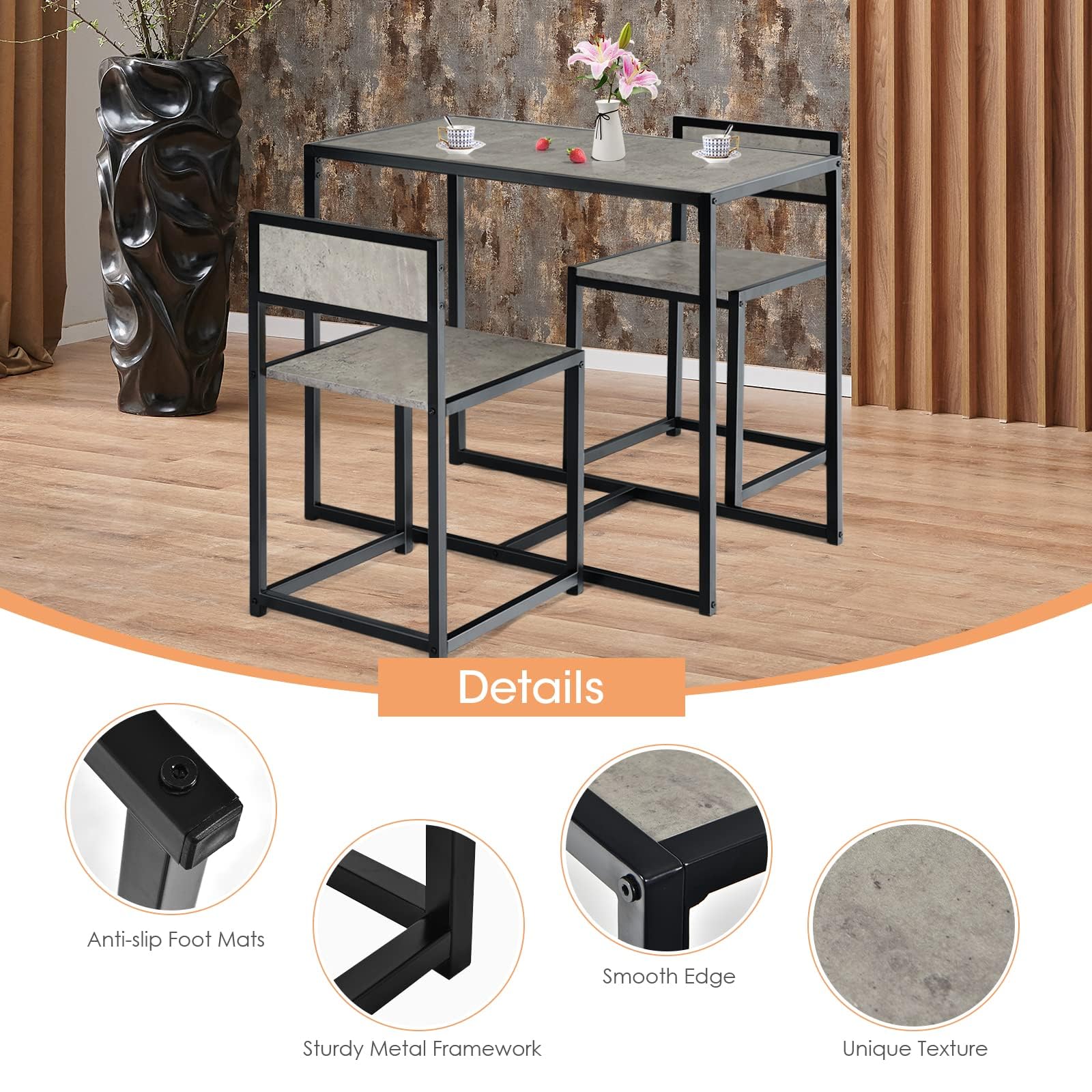 RELAX4LIFE Set 3 Pezzi con Tavolo e 2 Sedie in Legno Robusto e Ferro, Set di Tavolo con 2 Sedie a Scomparsa in Stile Industriale, Ideale per Sala da Pranzo, Cucina e Balcone (Ggrigio)