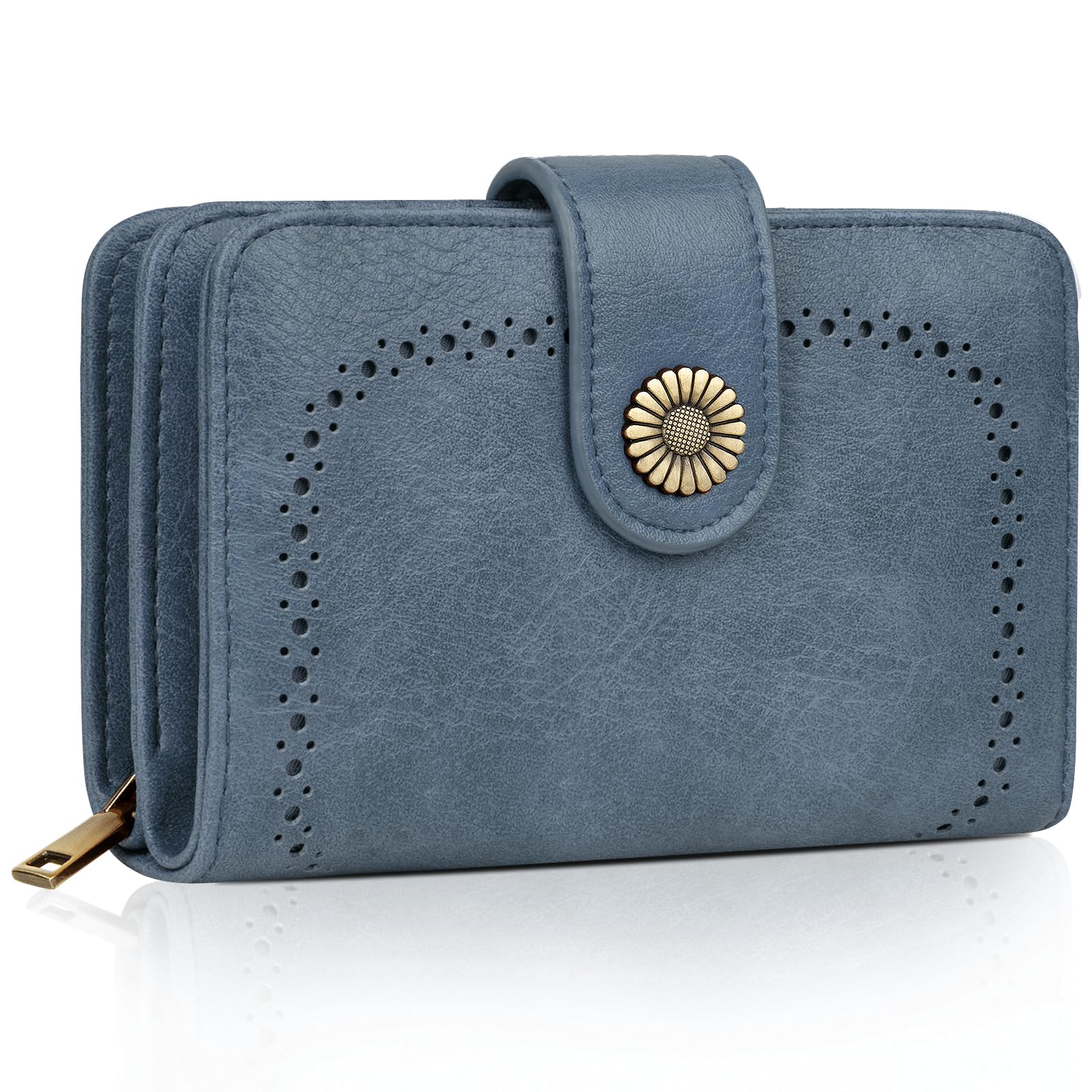 Purses for Women Leather, Medium Wallet RFID Blocking Bifold Compact Womens Wallet with Wrist Strap and Zipper Coin Pocket Girls Purse with Multiple Card Slots, Gift Box