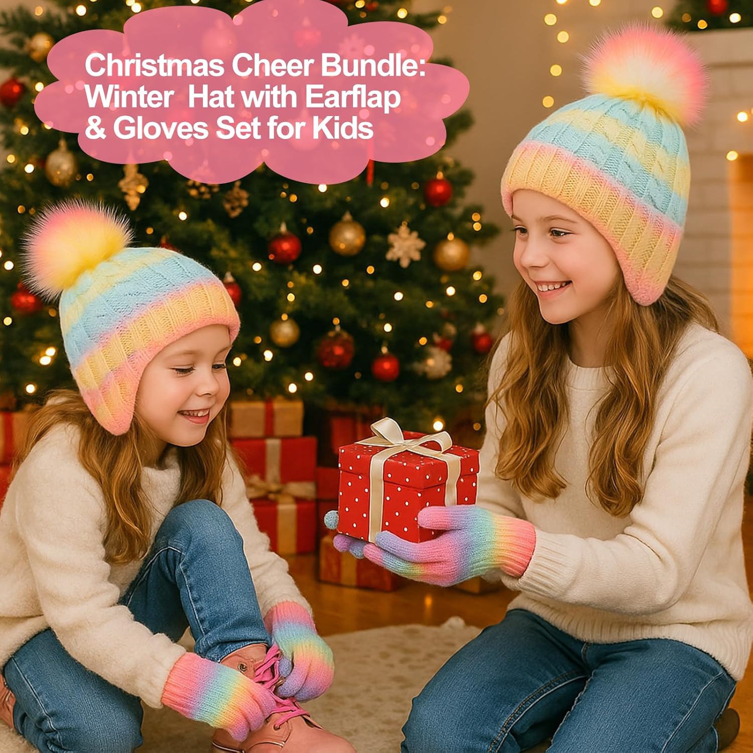 Kids Winter Hat Gloves Set, Girls Toddler Children Warm Beanie Hats and Mittens Cold Weather Set for Ages 3-8 - Image 7