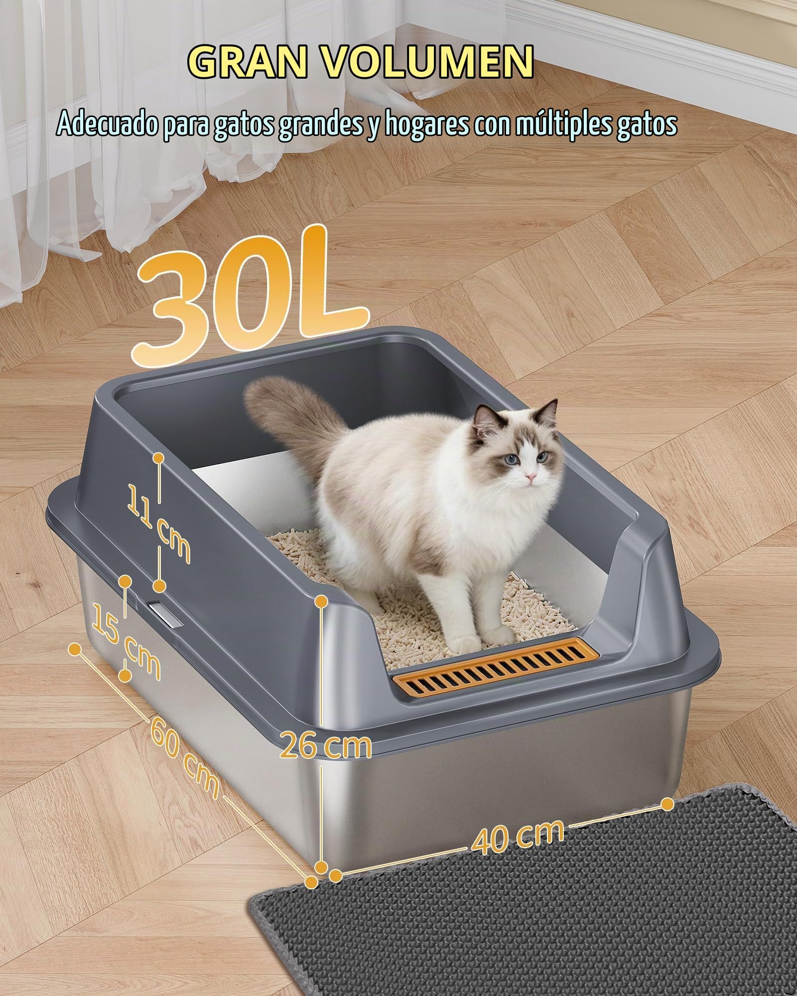 Hzuaneri Arenero de Acero Inoxidable XXL, Arenero para Gatos Grandes 30L 60x40x26 cm, Caja de Arena con Bordes Altos Semicerrado, Antiadherente, con Pala y Alfombrilla, Gris Oscuro LB89799G