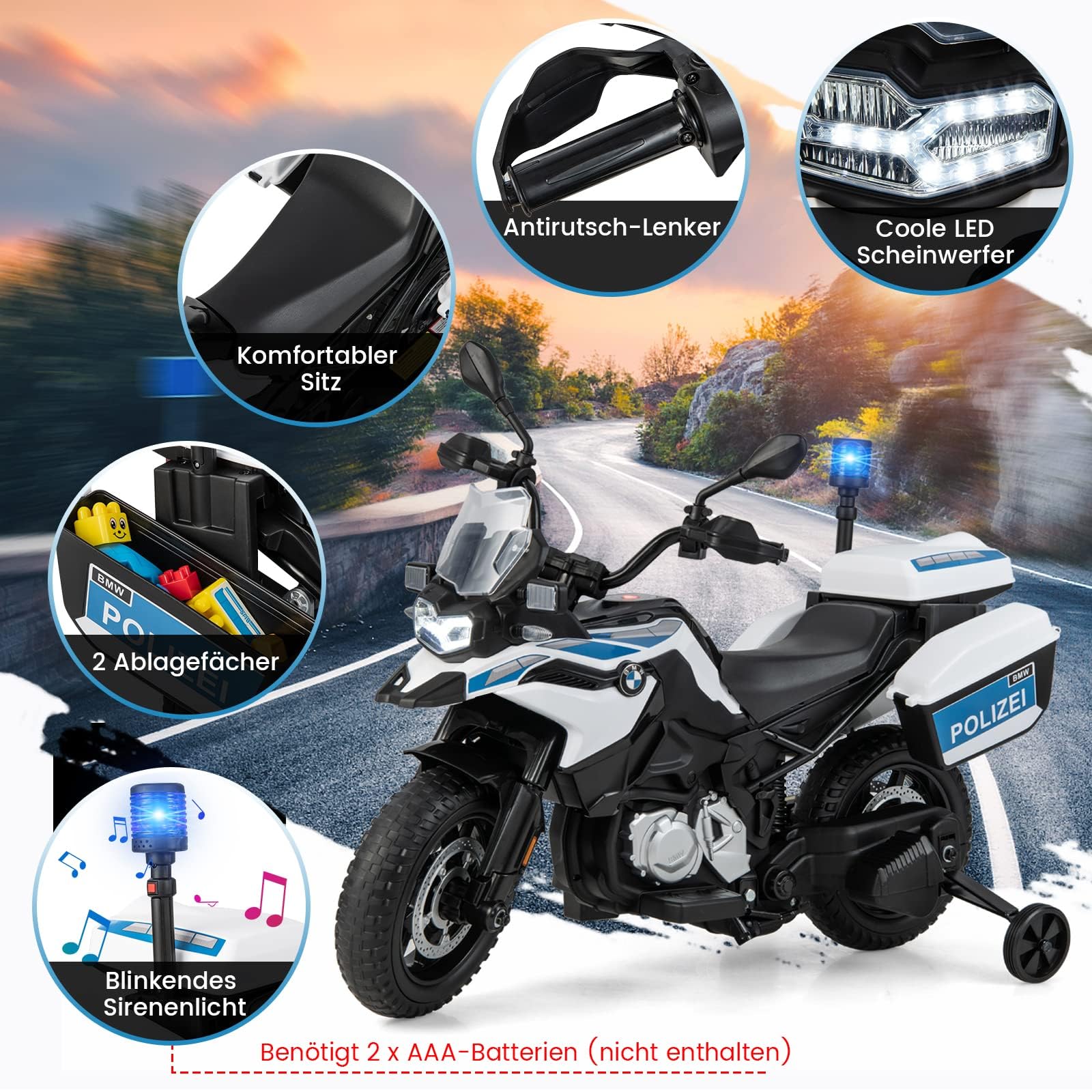 FANTASK 12V BMW Kinder Elektromotorrad Polizei mit Musik und Polizeilicht, Kindermotorrad mit 2 Stützrädern, 3-6 km/h, geeignet für Kinder ab 3 Jahre alt,110L x 63B x 82,5H cm