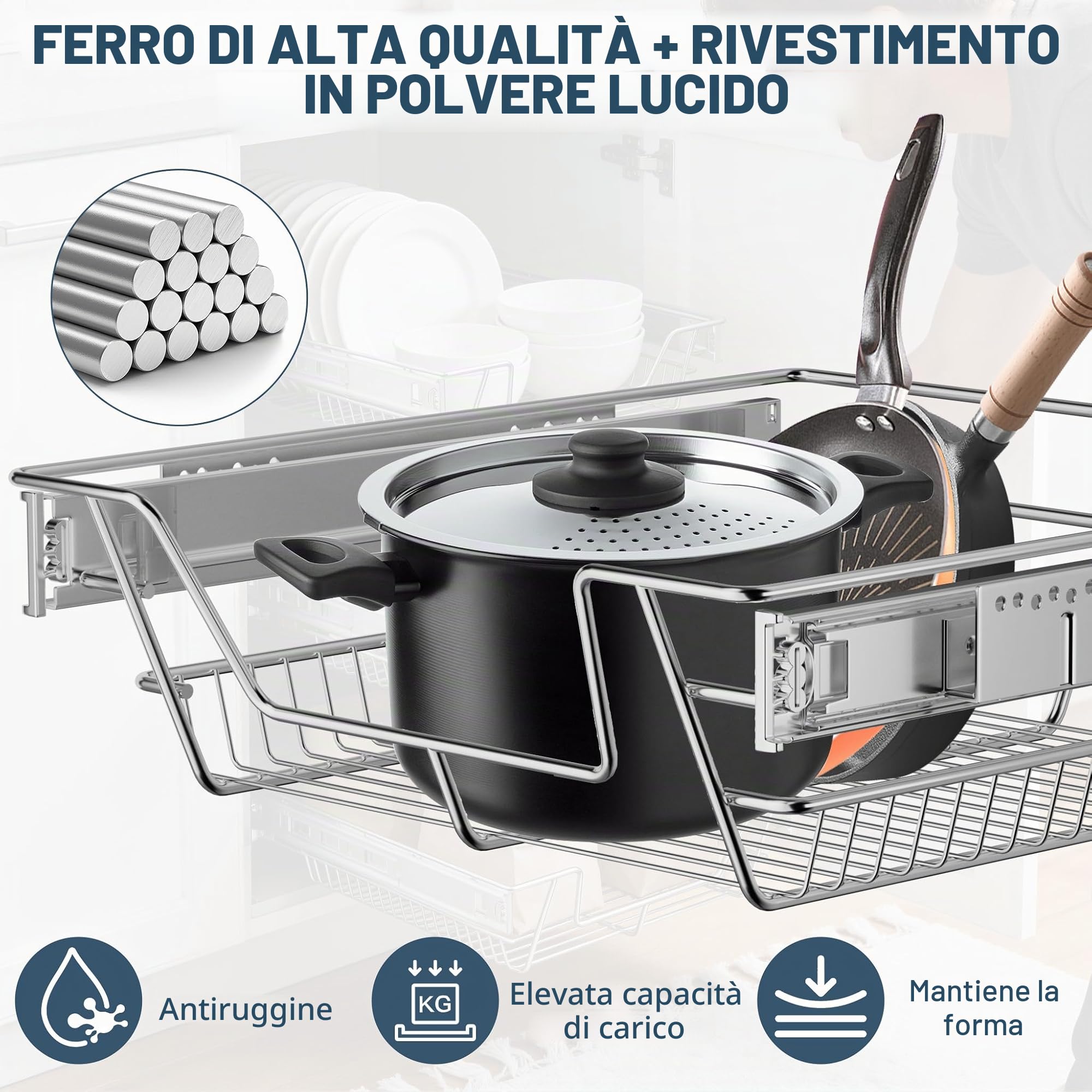 NAIZY 2x Cestello Estraibile 60 cm Cassetto Estraibile Cucina Organizer da cucina Argento in solido acciaio inossidabile Organizer cassetti (larghezza effettiva 57 cm, 2 pezzi)