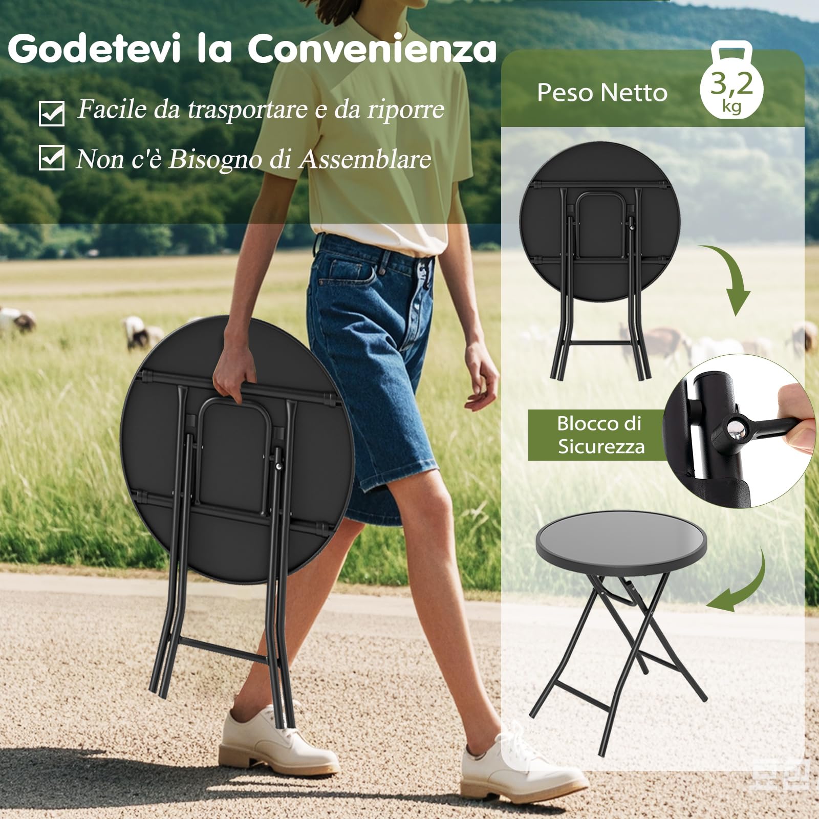 RELAX4LIFE Tavolo da Giardino, Tavolino da Balcone Rotondo Pieghevole con Piano in Vetro Temperato, Struttura Metallica, Piedini Antiscivolo, Portata 50 kg per Interni ed Esterni, Φ46x48cm (Nero)