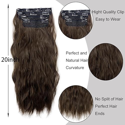Miniatura 2 de MIMISERVICE Extensiones de cabello con pinzas, extensiones de cabello largo ondulado castaño castaño castaño 4 piezas gruesas, fibra de doble trama