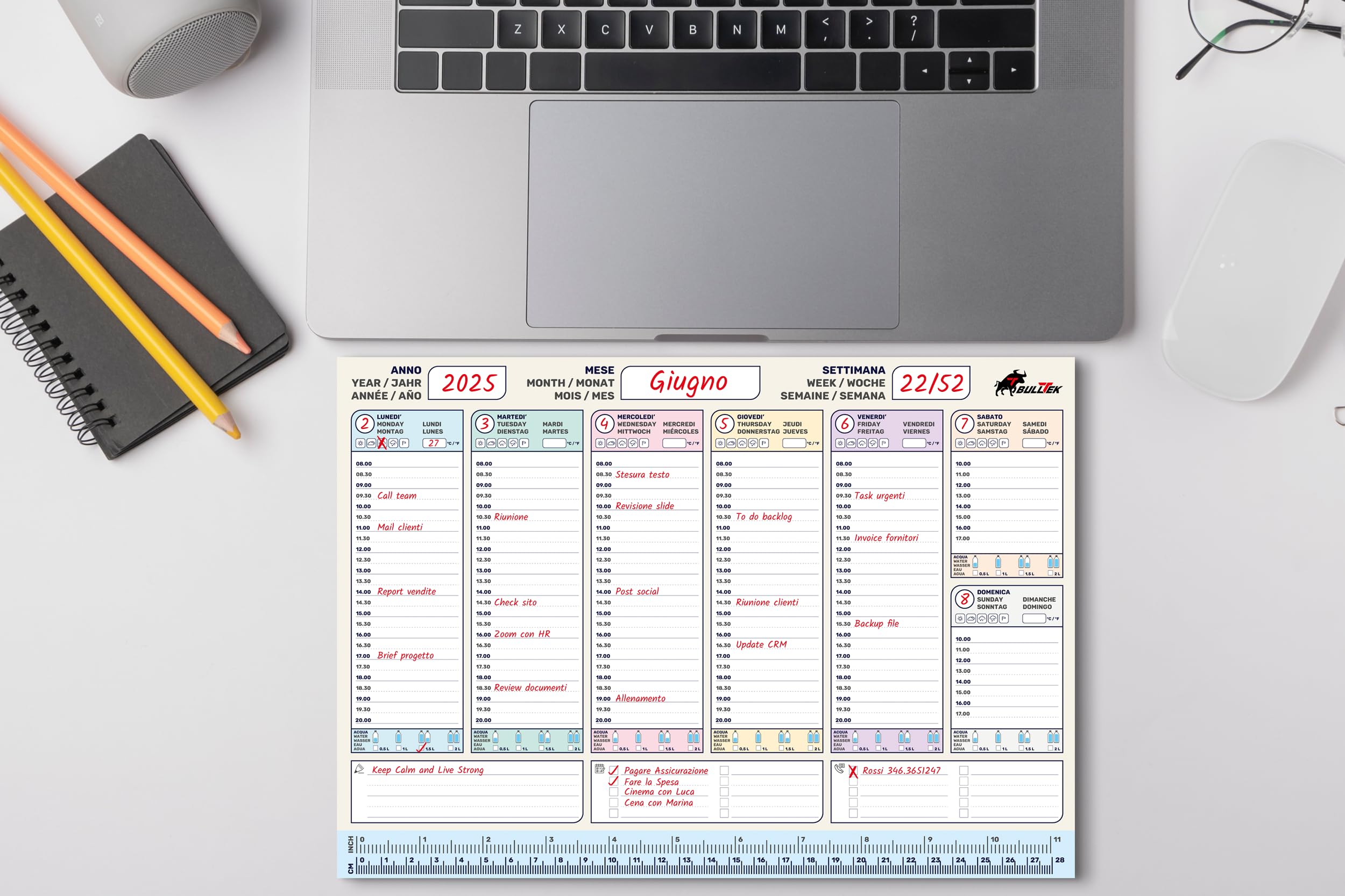 BullTek - Multilingual A4 Weekly Planner | 50 Sheets, Ruler, Pastel Colours | For Professionals & Students | Track Weather & Hydration | Perpetual Use, 21 x 29.7 cm, Paper, Pastel - Image 2