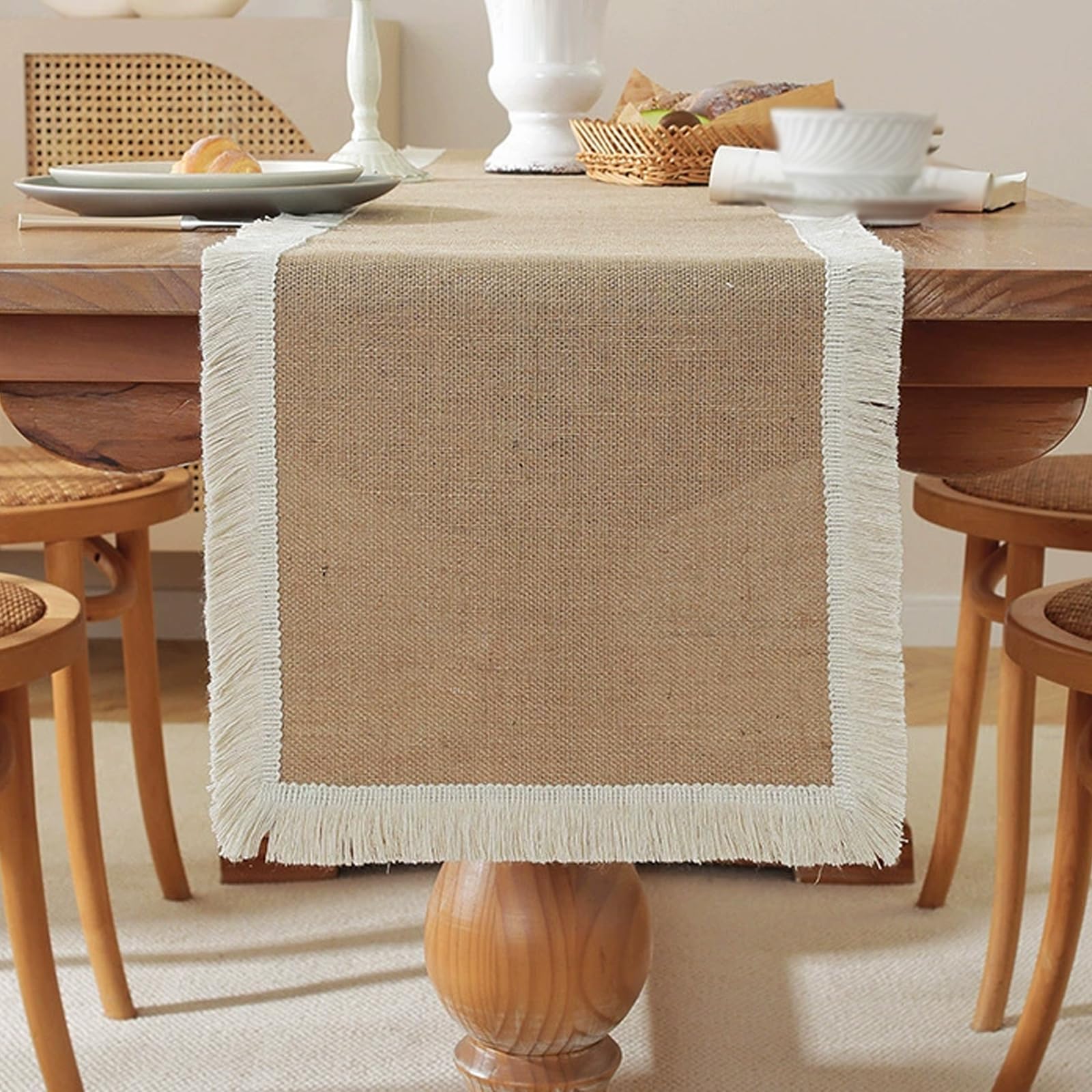 Camino de mesa de arpillera con encaje de yute natural trenzado, antideslizante, lavable a máquina, para fiestas de primavera y verano, sala de estar, estilo B (30 x 220 cm)
