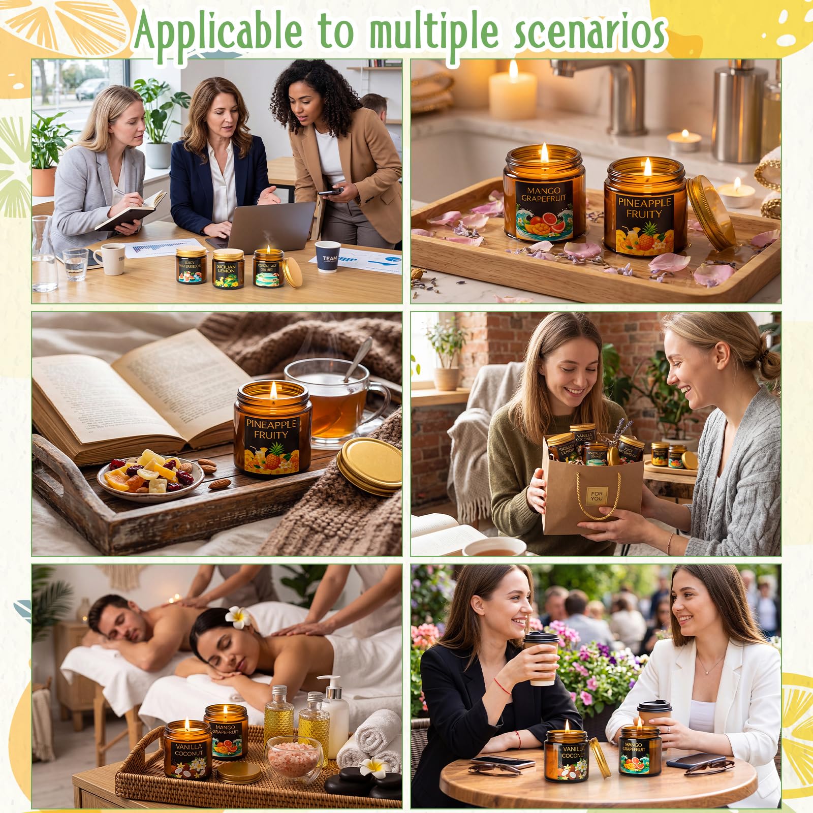 Conelist Juego de 12 velas perfumadas de cera de soja fructífera para el hogar, 3.5 onzas, 180 horas de combustión, regalo para hombres y mujeres, aroma de coco vainilla, piña, salvia de sal marina