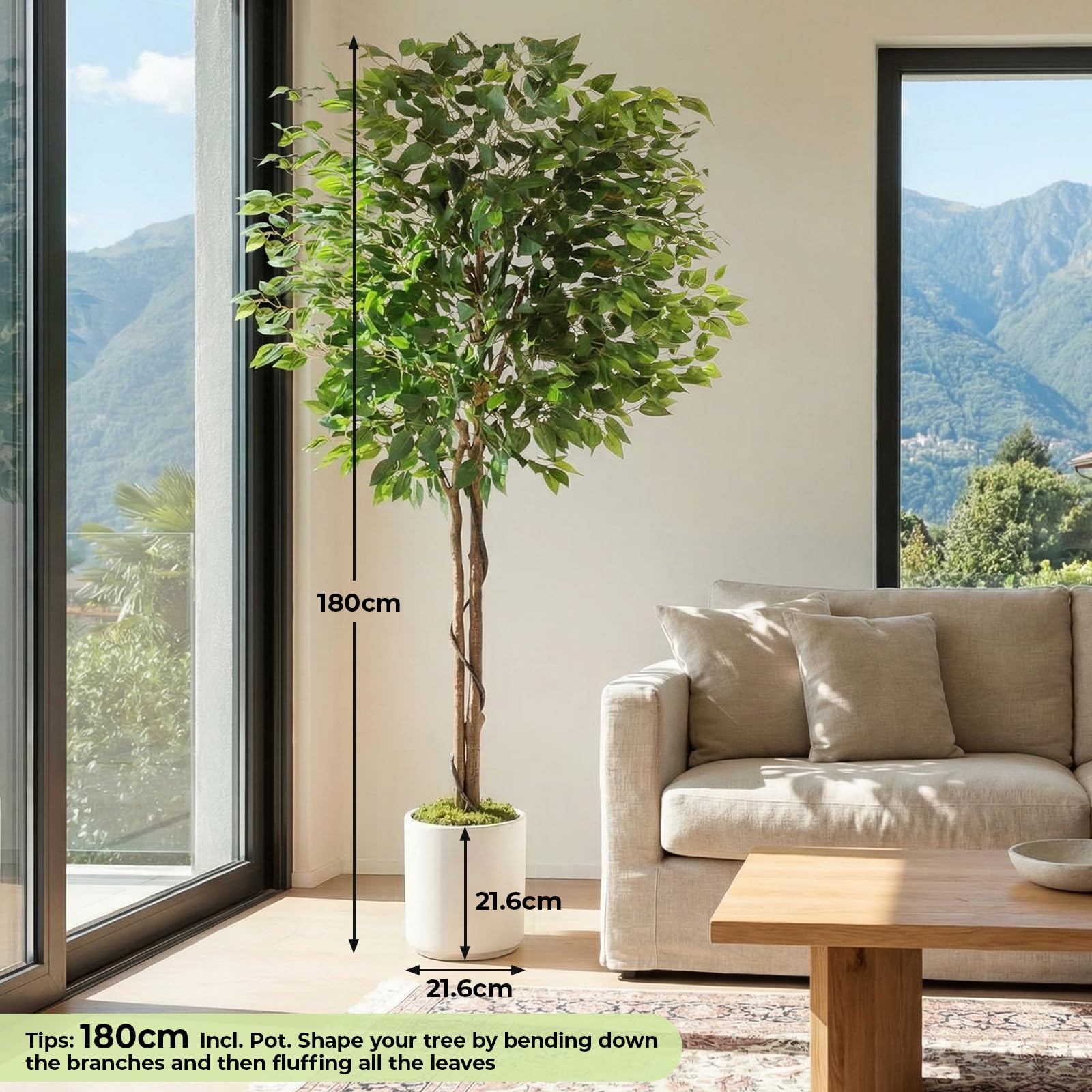 Clevich 180cm Ficus Kunstpflanze Wie Echt,Künstliche Ficus, Weißen Topf,Gebogenem Baumstamm+Üppig Grünen Blättern,Pflegeleichte Zimmerpflanze,Plüschmoos,Künstliche Pflanzen,Einzugsgeschenk,2PCS Moduls