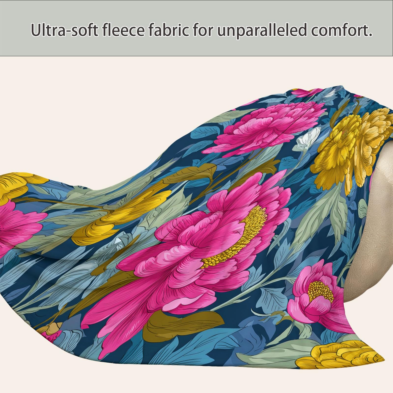 Style Rétro Couverture Flanelle Fleurs Dessinées À La Main 180 x 200 cm Douce Moelleuse Flanelle Couverture de Lit, Vert Foncé Plaid Polaire Jeté de Canapé Convient Adultes et Enfants Chaud en Hiver