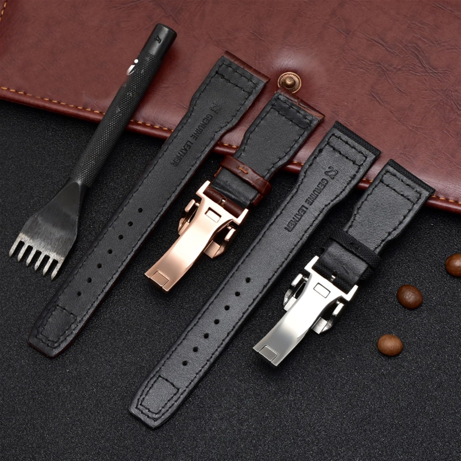 Bracelet de Montre à Rivets en Nylon et Cuir véritable de 22 mm, pour Montre de Pilote IWC Big IW5009, Bracelet en Cuir de Vache