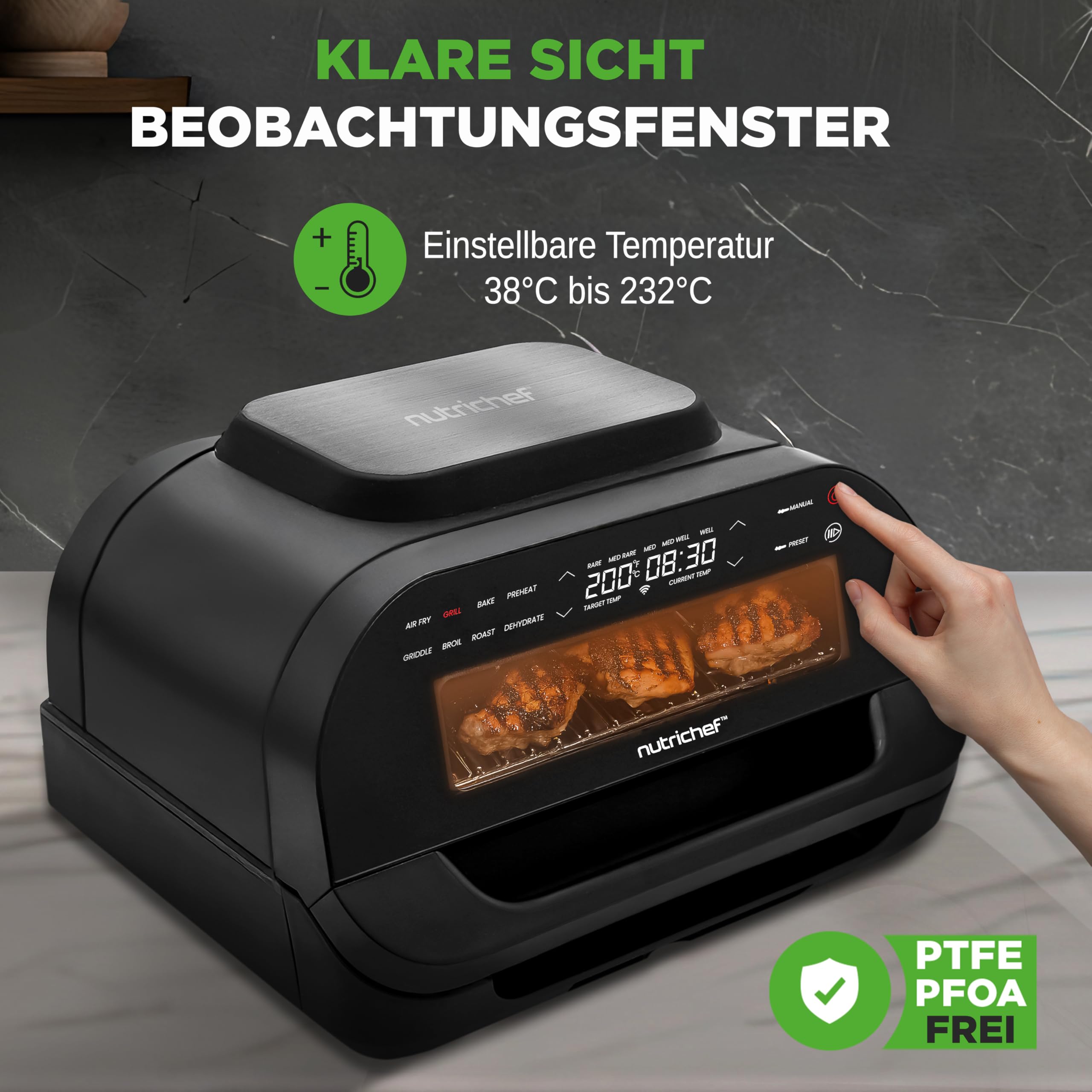 NutriChef Elektrogrill mit Heißluftfritteuse – Rauchfreier Tischgrill mit Smart-Thermometer | 7 Kochfunktionen | 6L | Küchengrill Innen, Schwarz