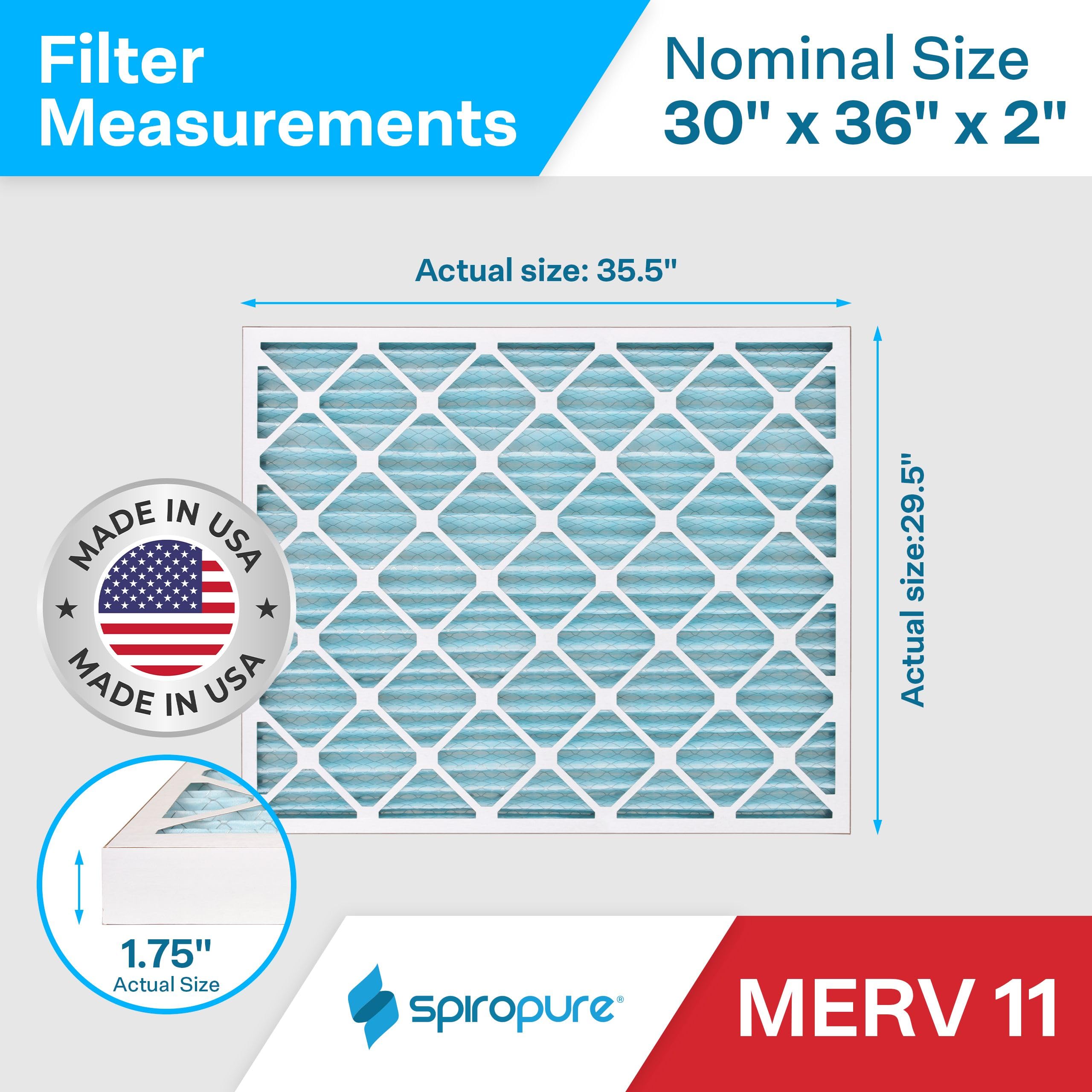 SpiroPure 30 x 36 x 2 MERV 11 filtros de aire plisados – Fabricado en Estados Unidos (paquete de 6)