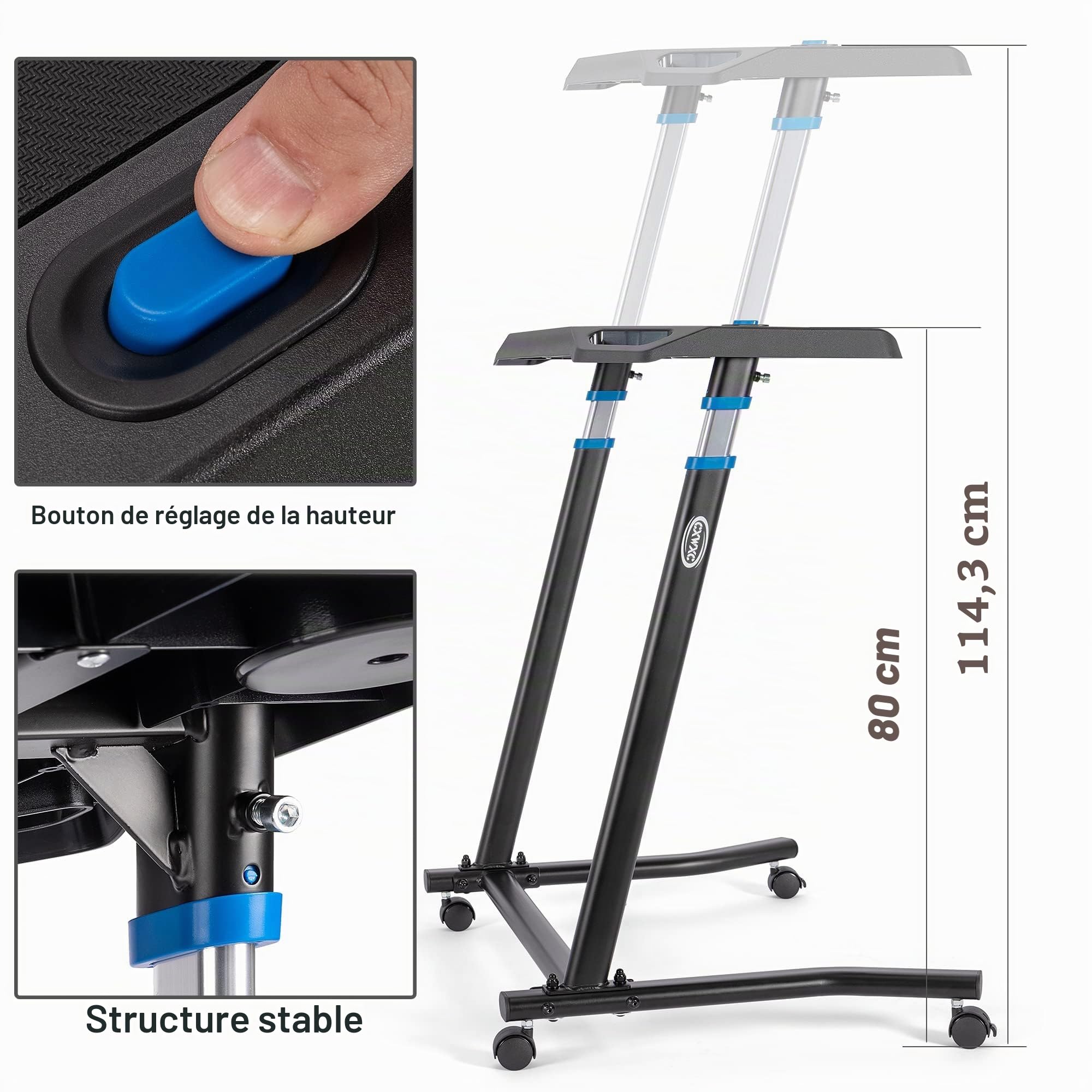 CXWXC Table de Dressage à roulettes avec roulettes verrouillables, réglable en Hauteur, Bureau avec Une Surface de Travail en Caoutchouc antidérapante, 2 découpes pour Tablette ou Smartphone