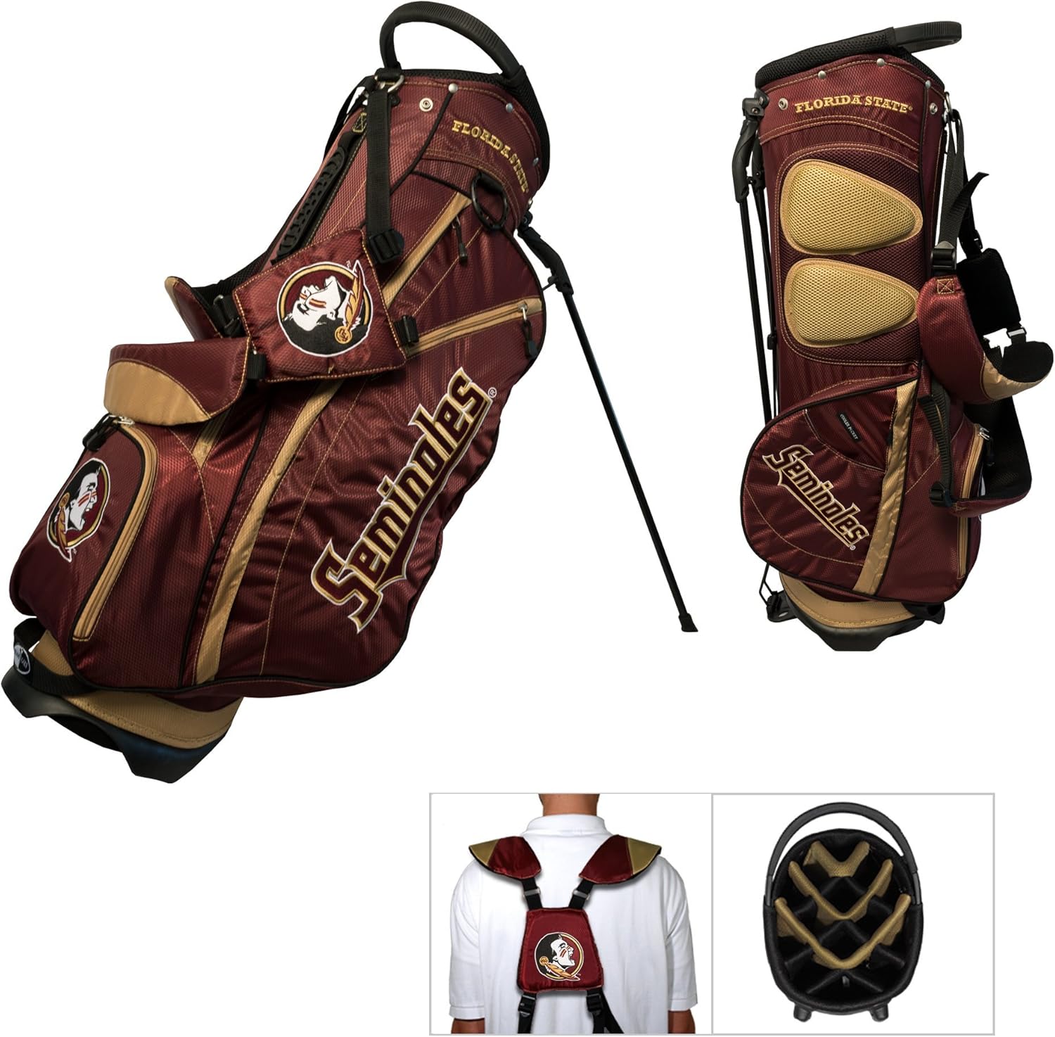 Team Golf NCAA Florida State Seminoles Fairway Golf Stand Bag, Lightweight, 14-way Top, Spring Action Stand, Insulated Cooler Pocket, Padded Strap, Umbrella Holder & Removable Rain Hood