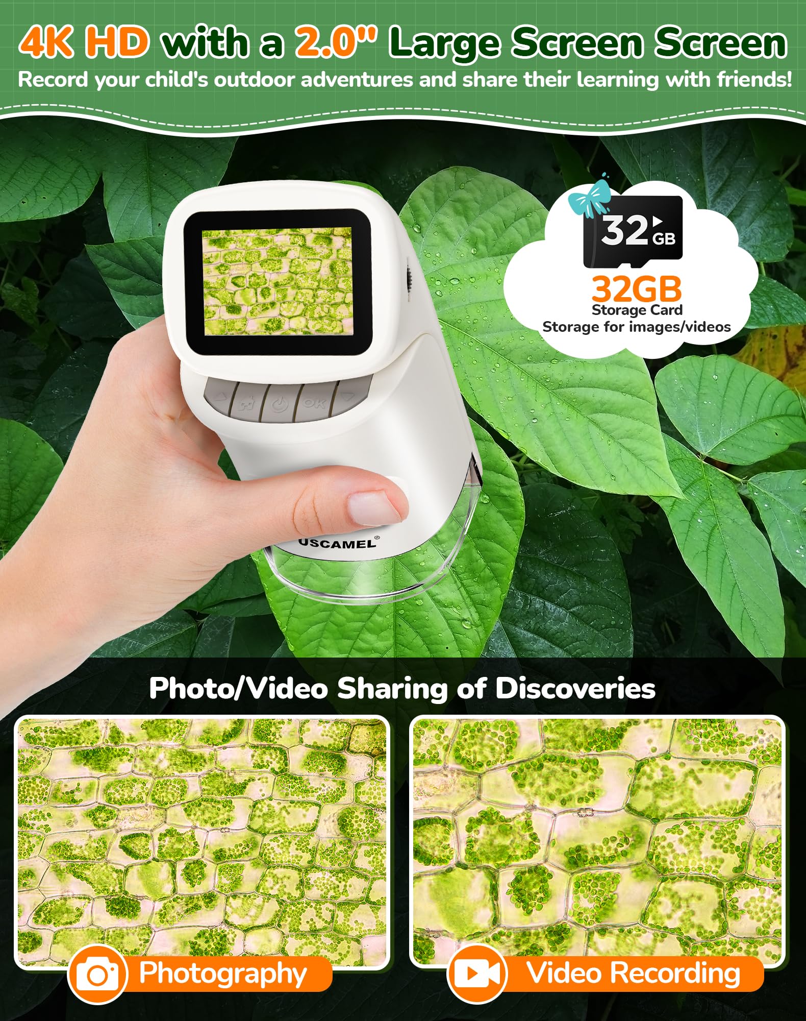Microscopio portátil de mano para niños: microscopio digital de bolsillo 1000x para niños con pantalla LCD 4K de 2 pulgadas recargable por USB, tarjeta TF de 32 G, 15 diapositivas