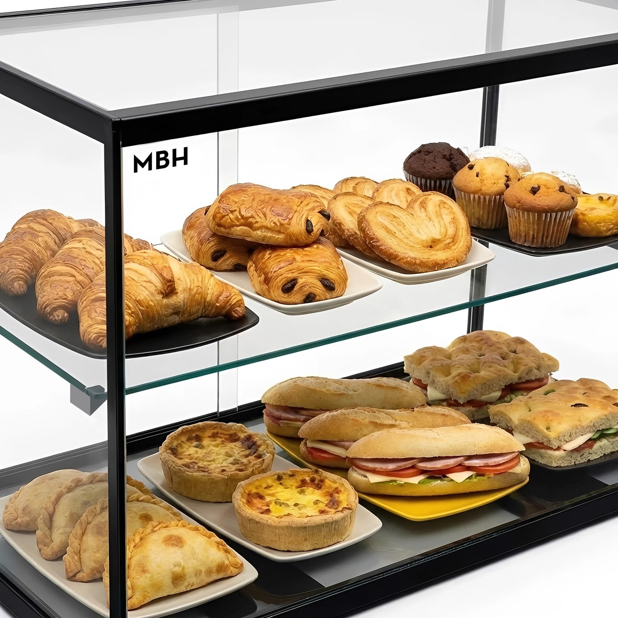MBH - Vetrina neutra da banco 55x39 cm, vetro diritto temperato, 2 ripiani, senza illuminazione LED, porte posteriori scorrevoli, per bar, caffetteria, ristorante, brioche e pasticceria.
