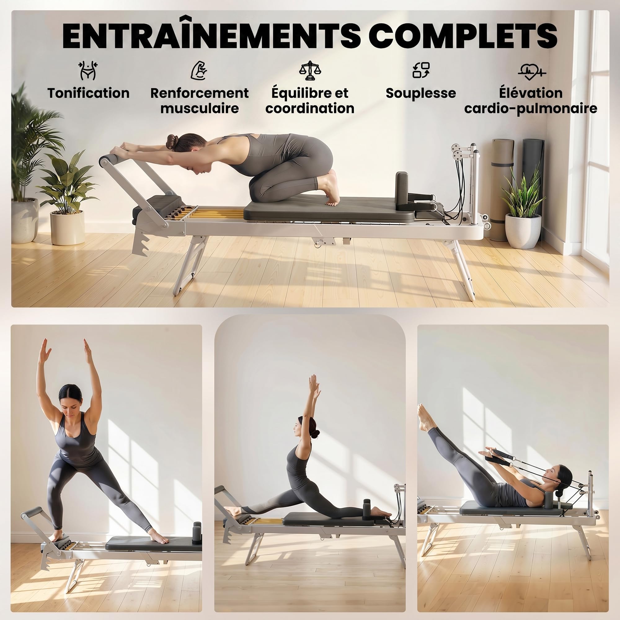 SPORTNOW Máquina Reformer de Pilates Plegable, Sistema Híbrido de 4 Muelles y 5 Cuerdas - Aparato de Pilates en Acero de Alta Estabilidad, Silencioso - Diseño Ultracompacto de 103 cm para Espacio