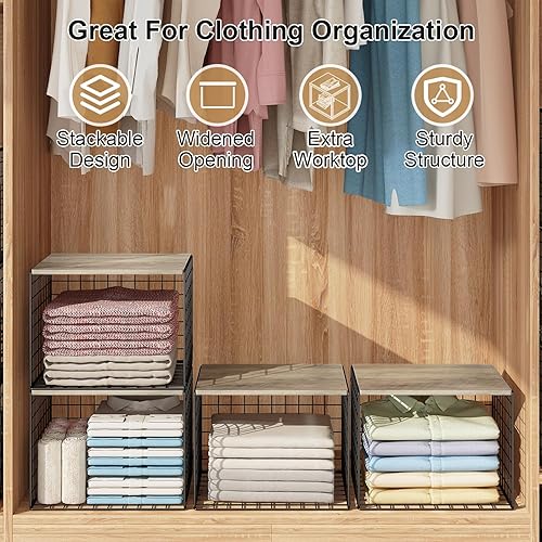 Miniatura 2 de Organizadores de armario y almacenamiento más amplios, apilables, con parte superior de madera, para suéteres, jeans, estantes organizadores de