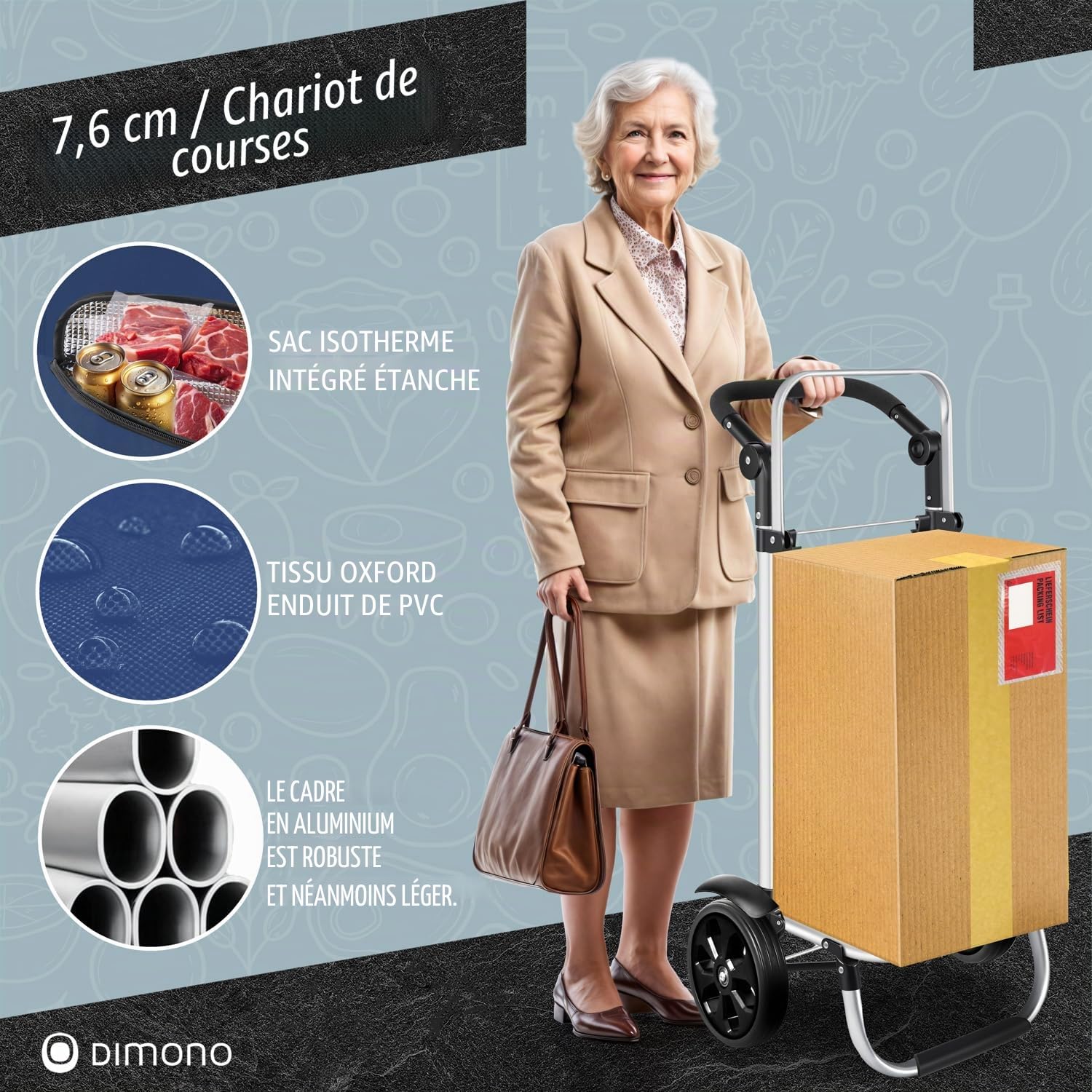 Dimono® Chariot de Courses Pliable 3-en-1 avec Compartiment Isotherme 56 L