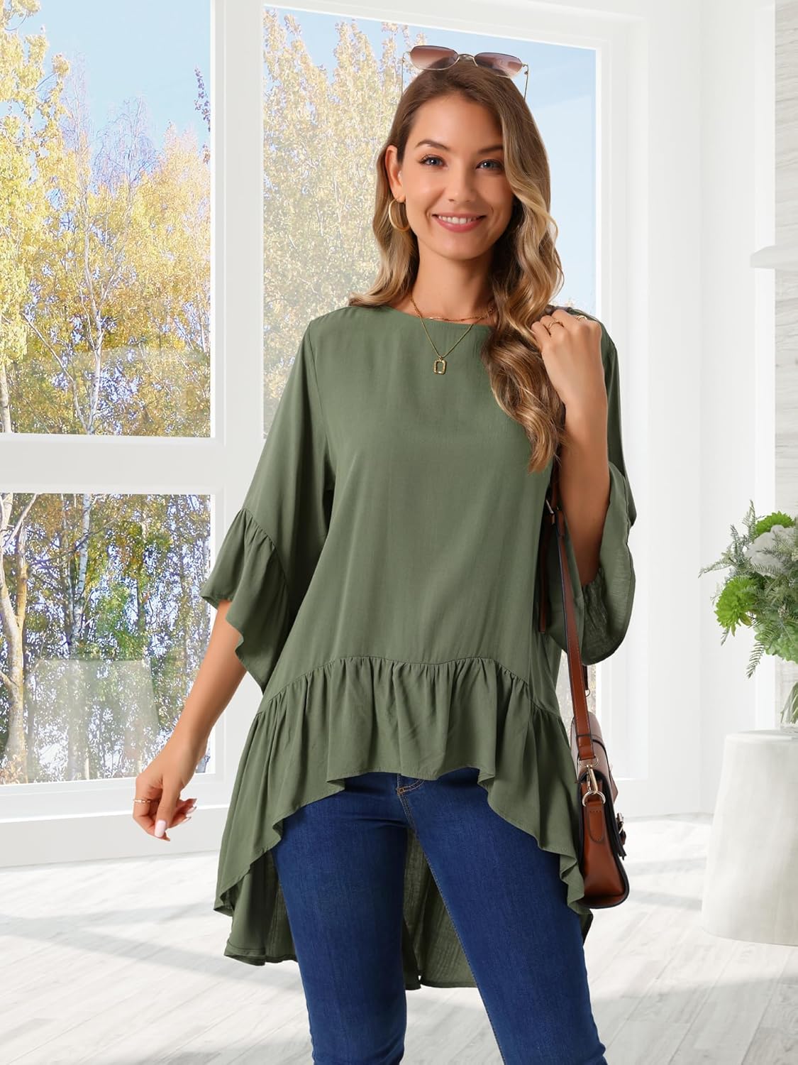 Seta T Women's High Low Tops Bell 3/4 Sleeve Crewneck Casual Ruffle Asymmetrical Hem Loose Fit Blouse - Image 4