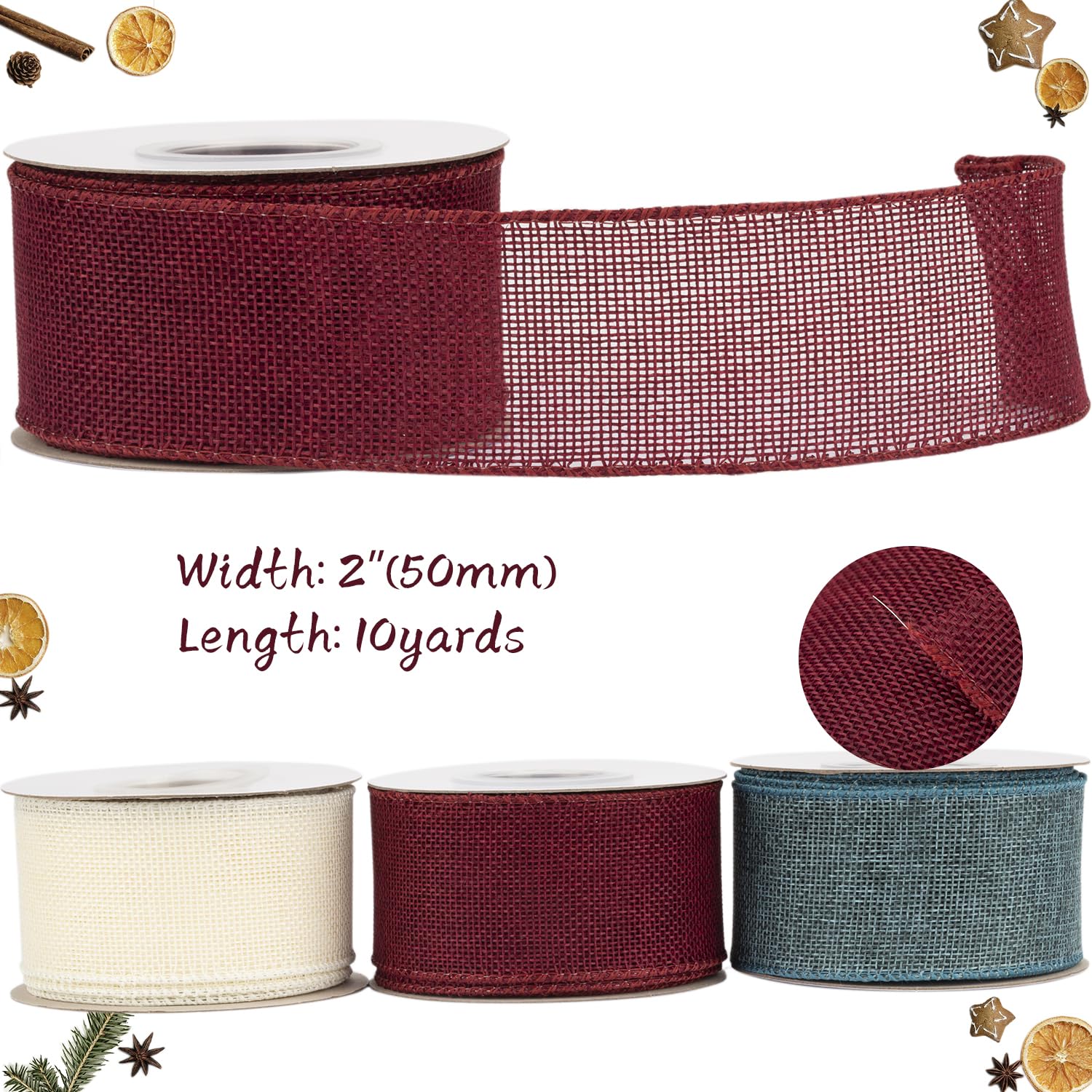 Tekdeere Burlap Ribbon 50mm x 9 Meters, Burgundy Wired Ribbon for Crafts, Gift Wrapping, Wreaths, Bows, Tree Decoration and Outdoor Decoration - Image 2