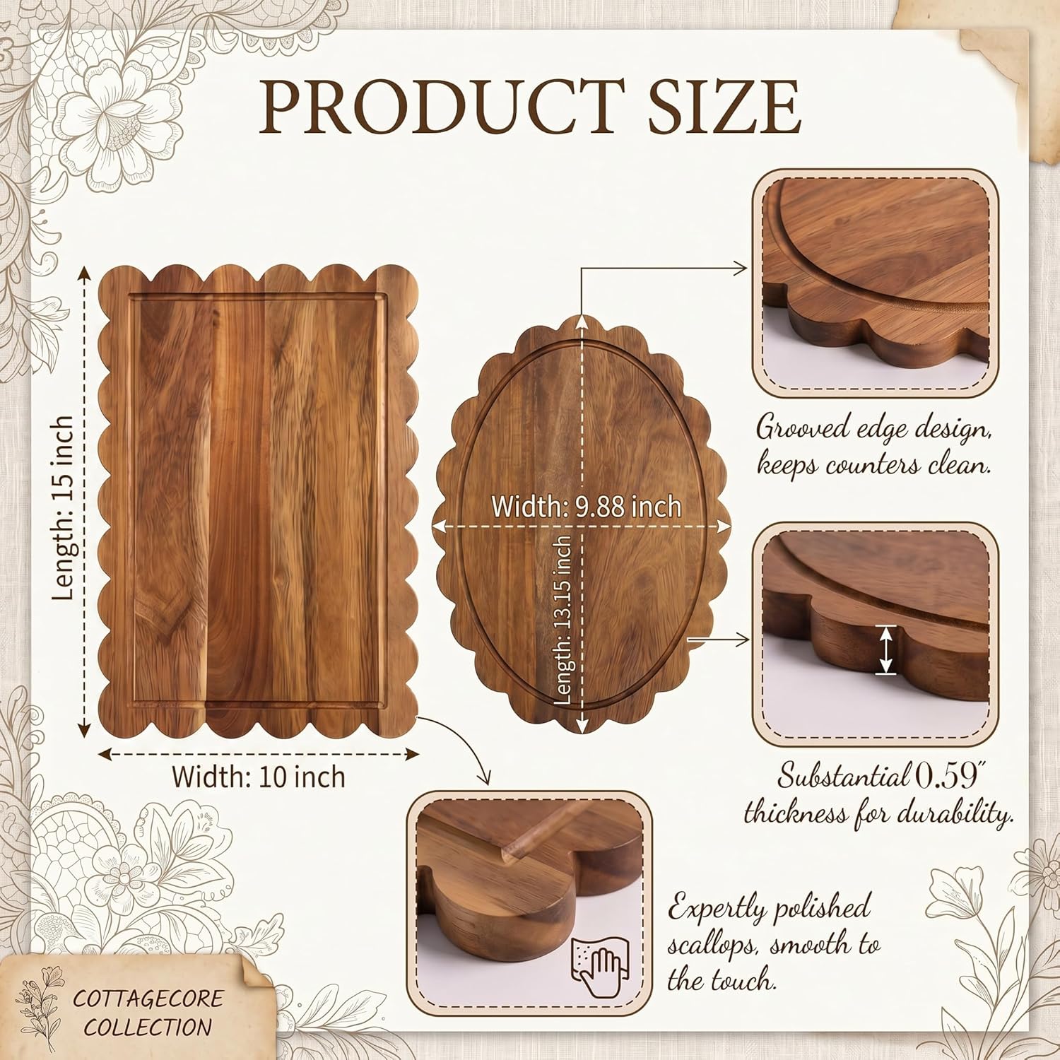 2 Pcs Acacia Wood Scalloped Cutting Boards Set, Wooden Decorative Cutting Boards for Cottagecore Kitchen Decor Charcuterie Board Cheese Meat Fruit Pizza Bread Baking Chopping Blocks