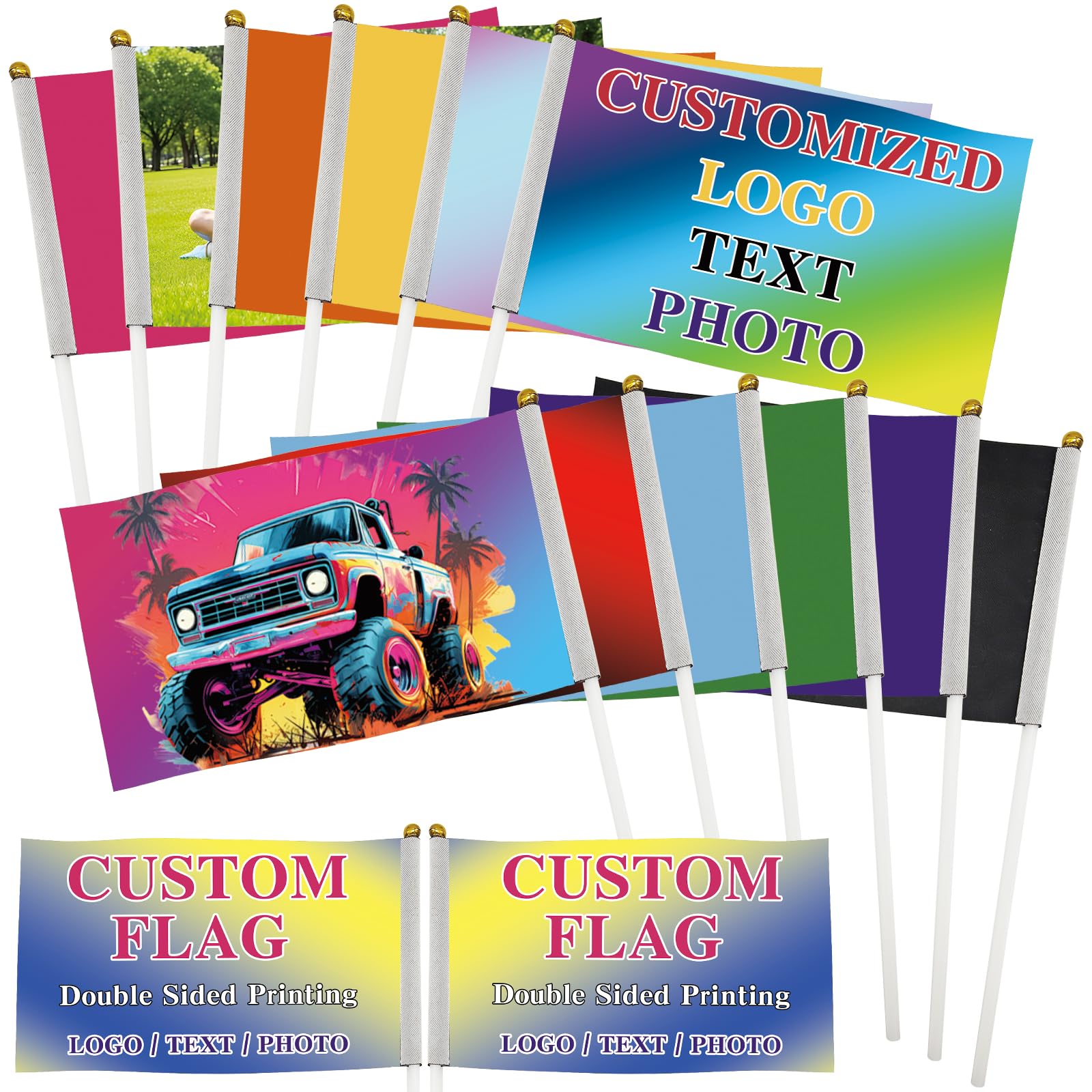 Custom Double-Sided Mini Handheld Flags (with Poles) - Bulk 1-500 Piece Pack - Personalized Flags with Customizable Photos, Text, and Logos, Ideal for Parties, Sports Events (15x25cm/6x10inch)