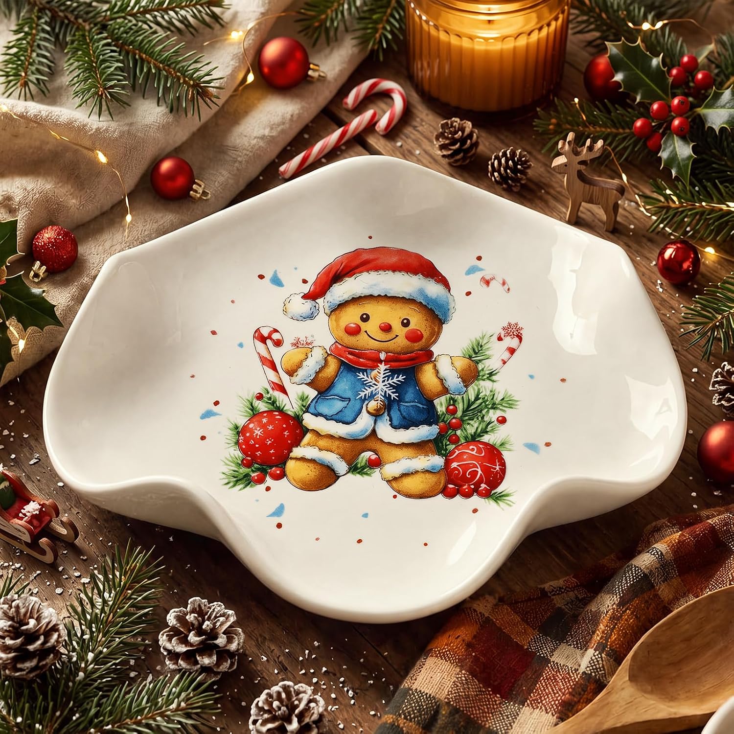 Ceramic Spoon Rest for Stove Countertop 5.3 Inch, Gingerbread Man