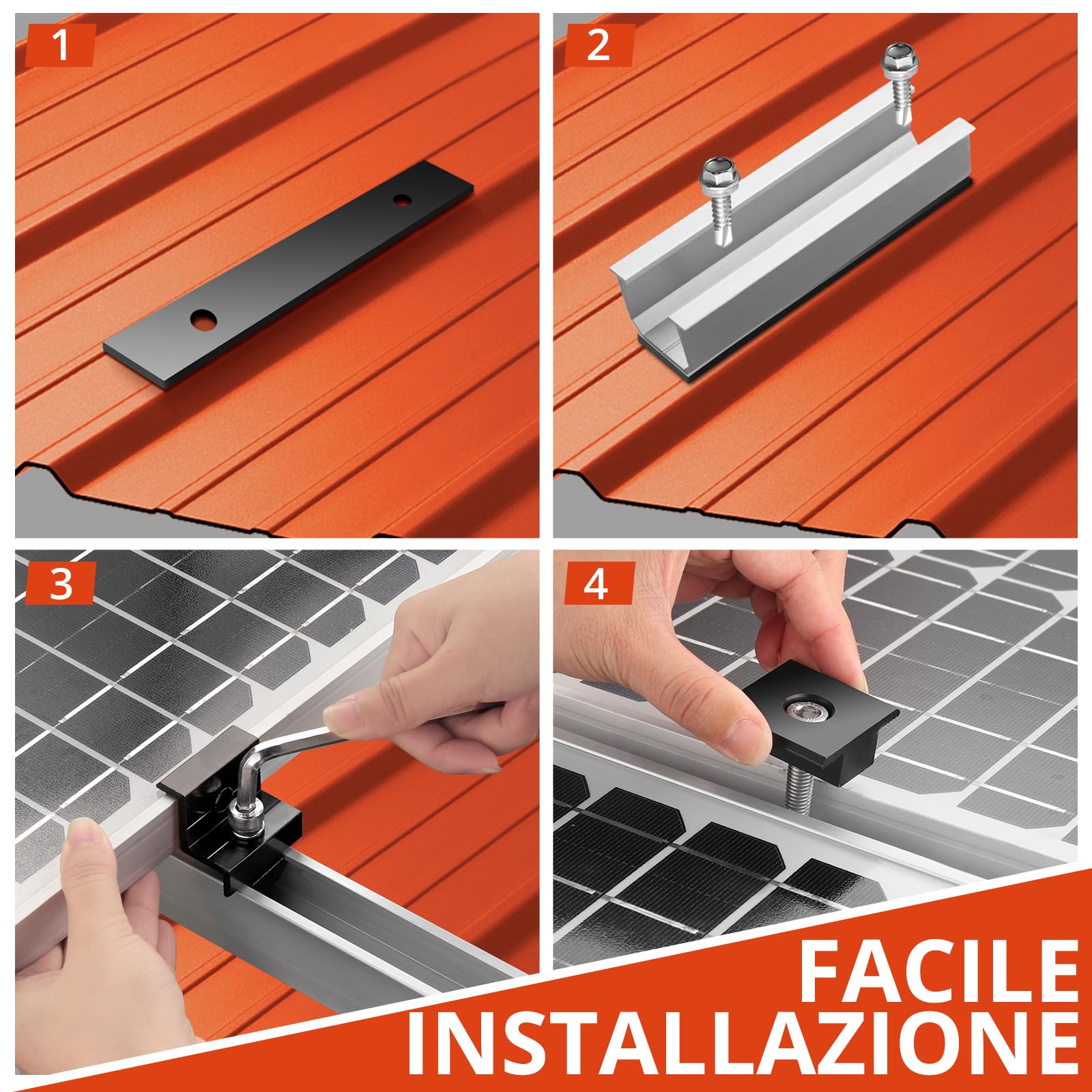 GETLITOOL Set Guide Morsetti Regolabili per Pannello Solare 30-35 mm, 6 Binari 120x25mm, 4 Morsetti Terminali, 2 Staffe Centrali