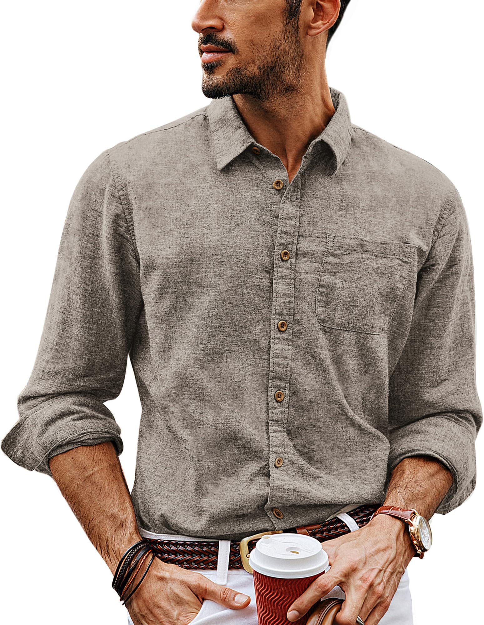 PJ PAUL JONES Camisa de manga larga para hombre, algodón, lino, con botones, camiseta informal