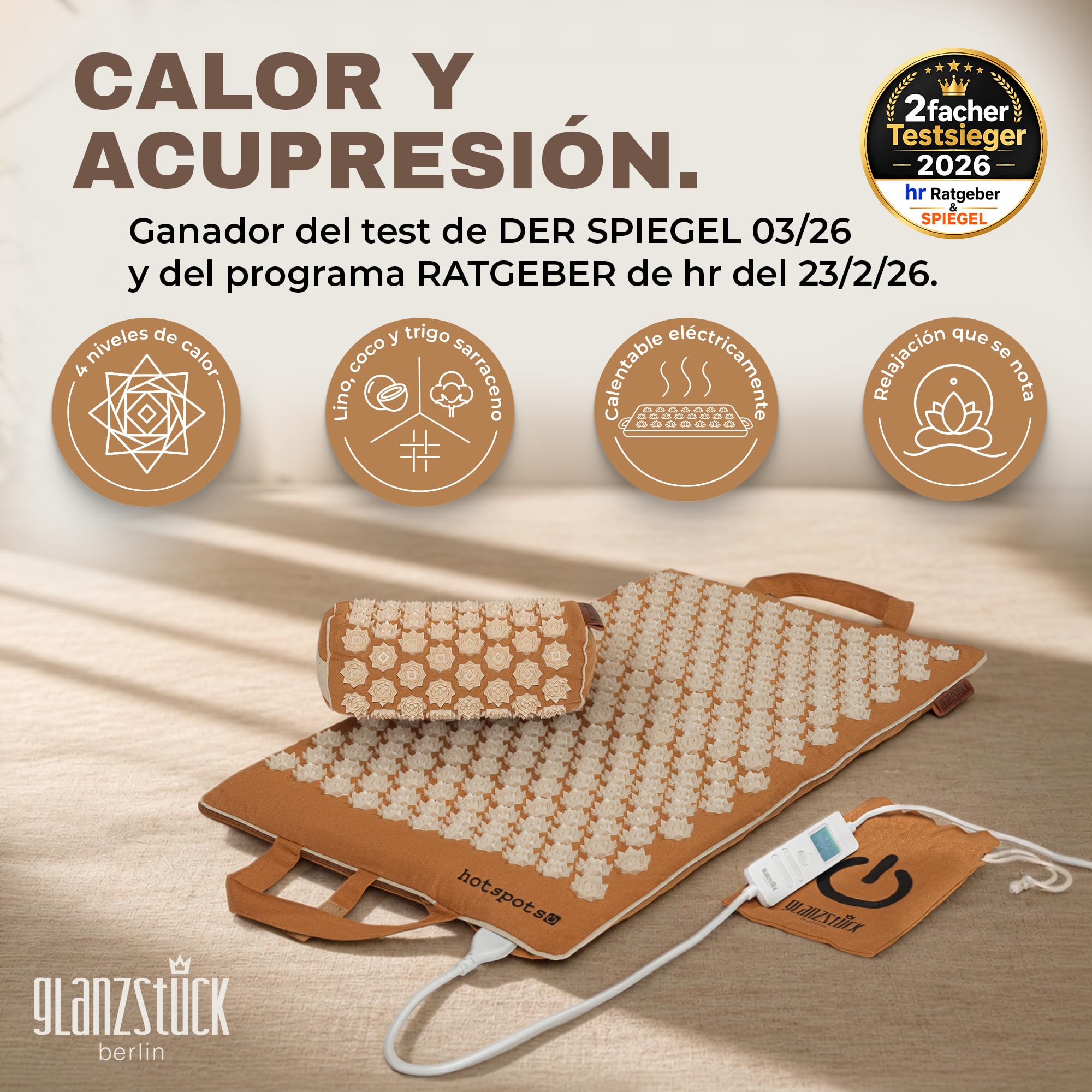 Glanzstück Berlin® Esterilla de acupresión calefactable – Edición caliente con función de calor y 4 niveles de calor, juego de 6850 puntas de flores para espalda y cuello | 72 × 42 cm