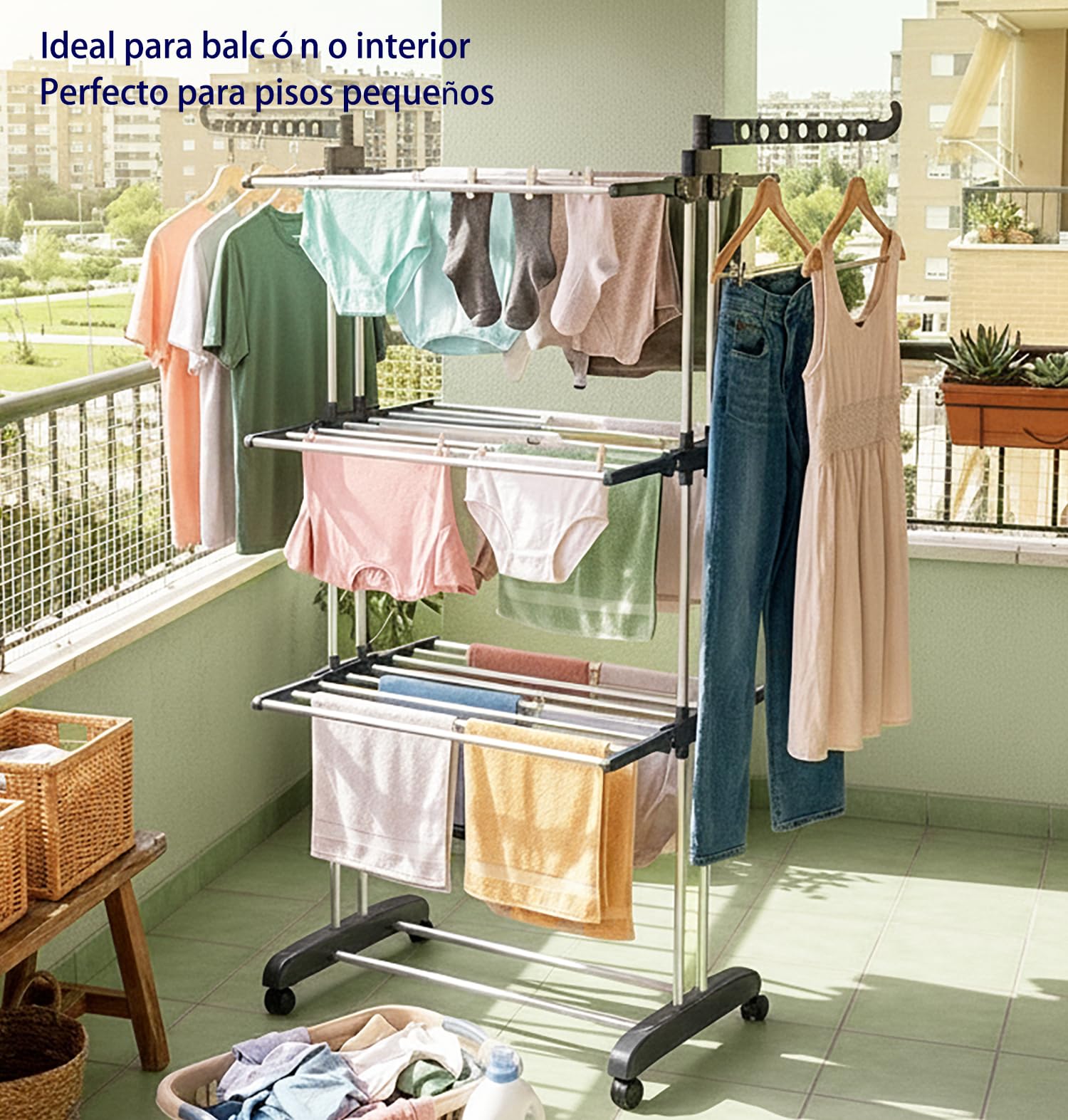 Tendedero de Ropa Plegable con Ruedas, 4 Niveles, Perchero con Ganchos Giratorios 360°, Gran Capacidad de Secado, Estante Multifuncional para Interior y Exterior (Negro+Blanco) - 5