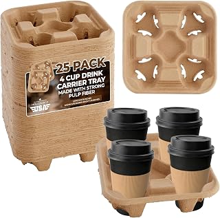 Houzzkingzusa 4 Cup Drink Carrier Tray - Eco-Friendly Compostable Pulp Fiber for 8-32oz Hot/Cold Drinks, Delivery & Takeout
