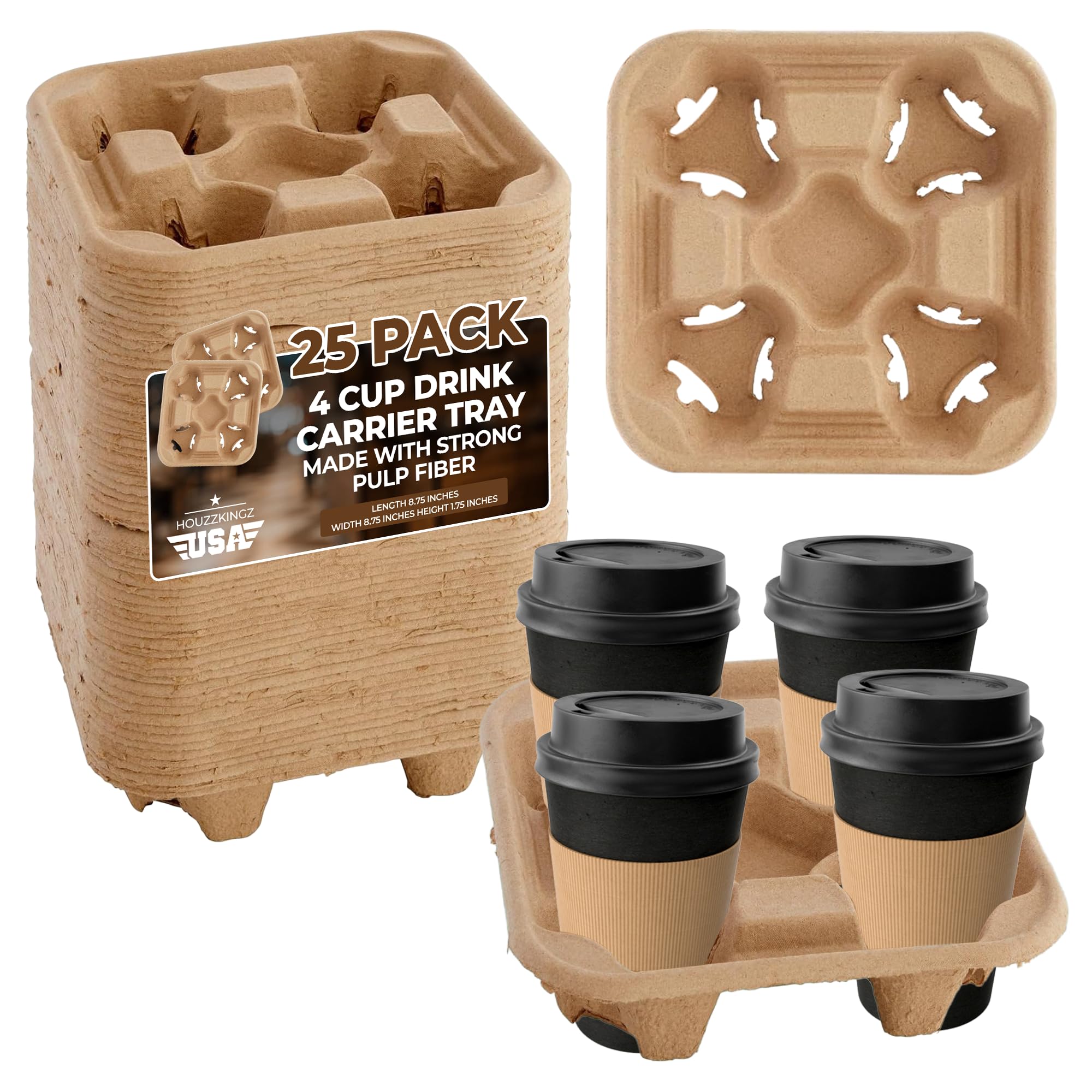 4 Cup Holders Drink Carrier 8-32 oz | 25 Cup Holder Tray Drink Carrier for Delivery Drinks Hot and Cold Beverages – To Go Disposable Compostable Pulp