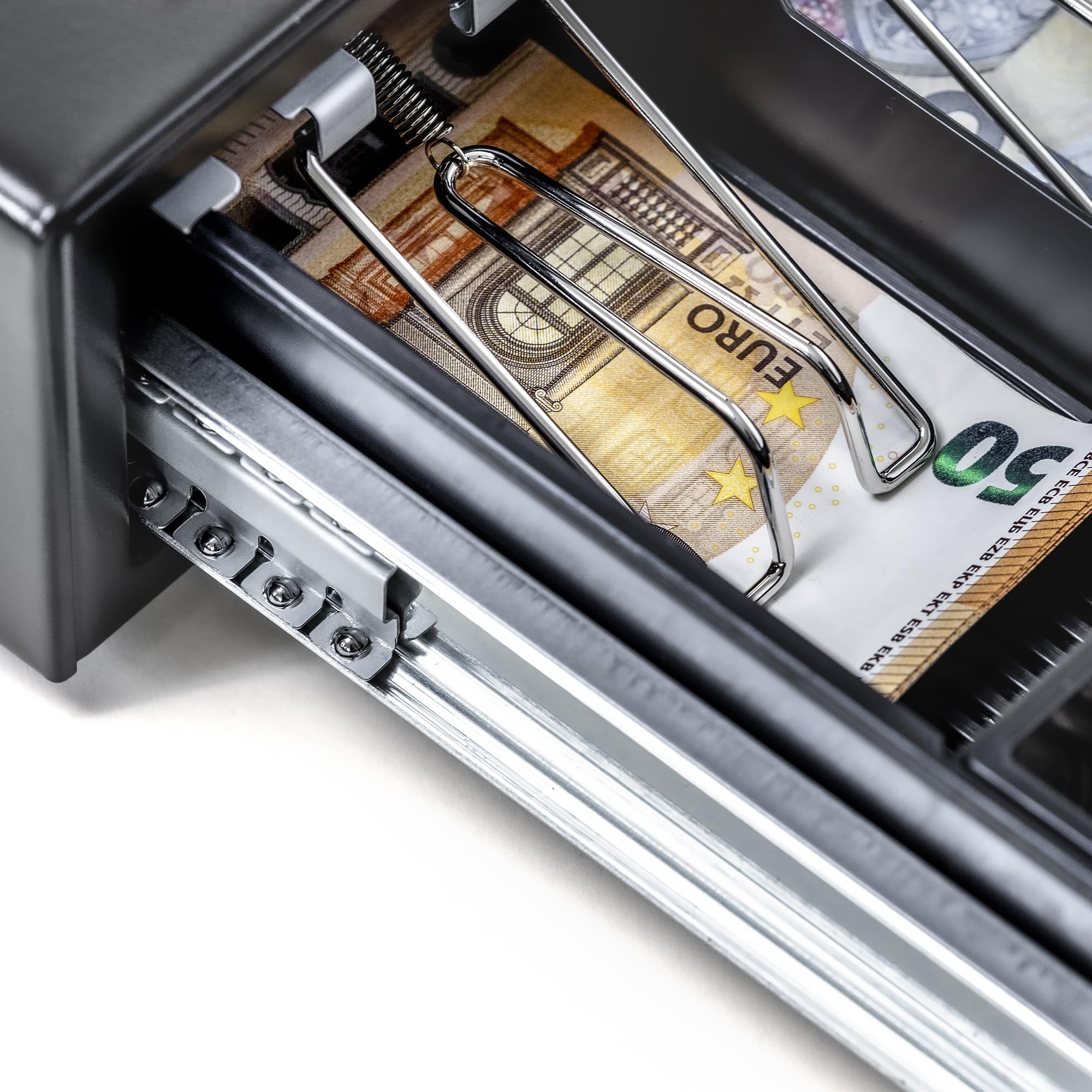 Kassenschublade KAM-410-T, RJ11 schwarz, Bondrucker | elektrische Geldschublade mit Teleskop-Laufschienen, 4 Scheinfächer, 8 Münzfächer