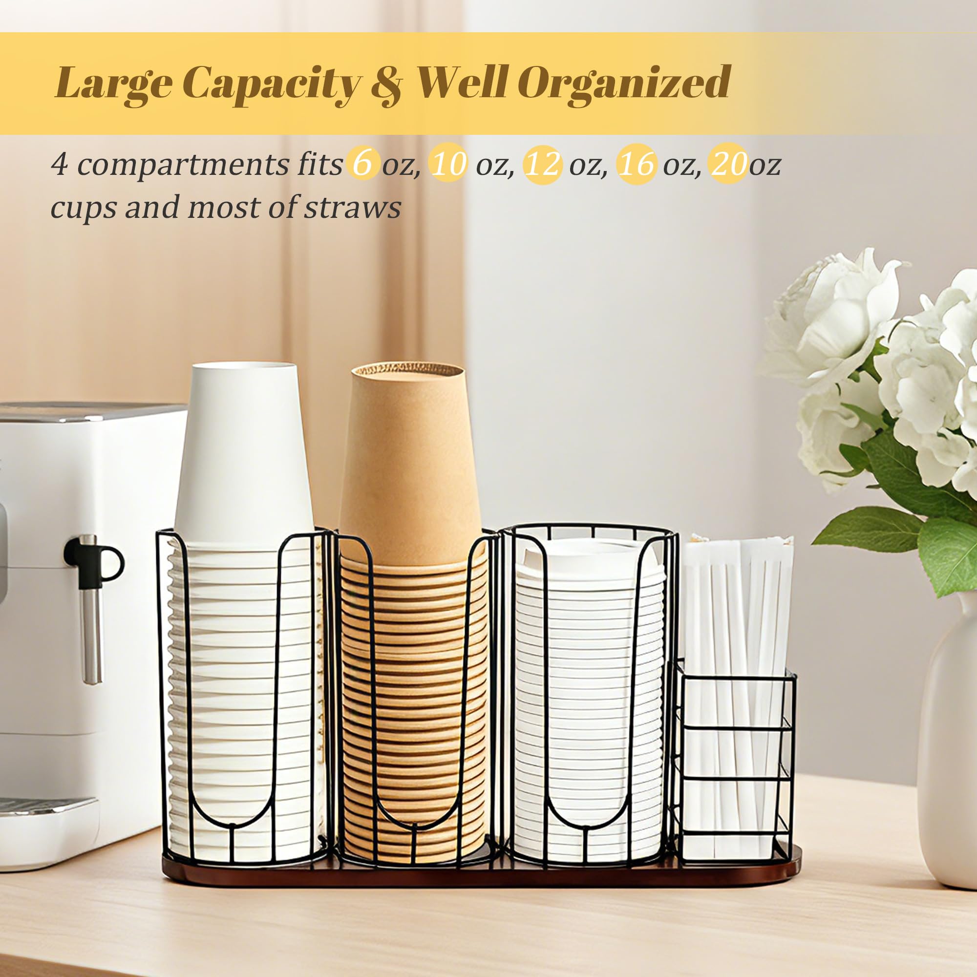 HOMIEE Soporte para Tazas y Tapa Organizador de Café Desechables Metal Dispensador Vasos Desechables de 4 Compartimentos para Café, Bar, Encimera, Sala de Descanso