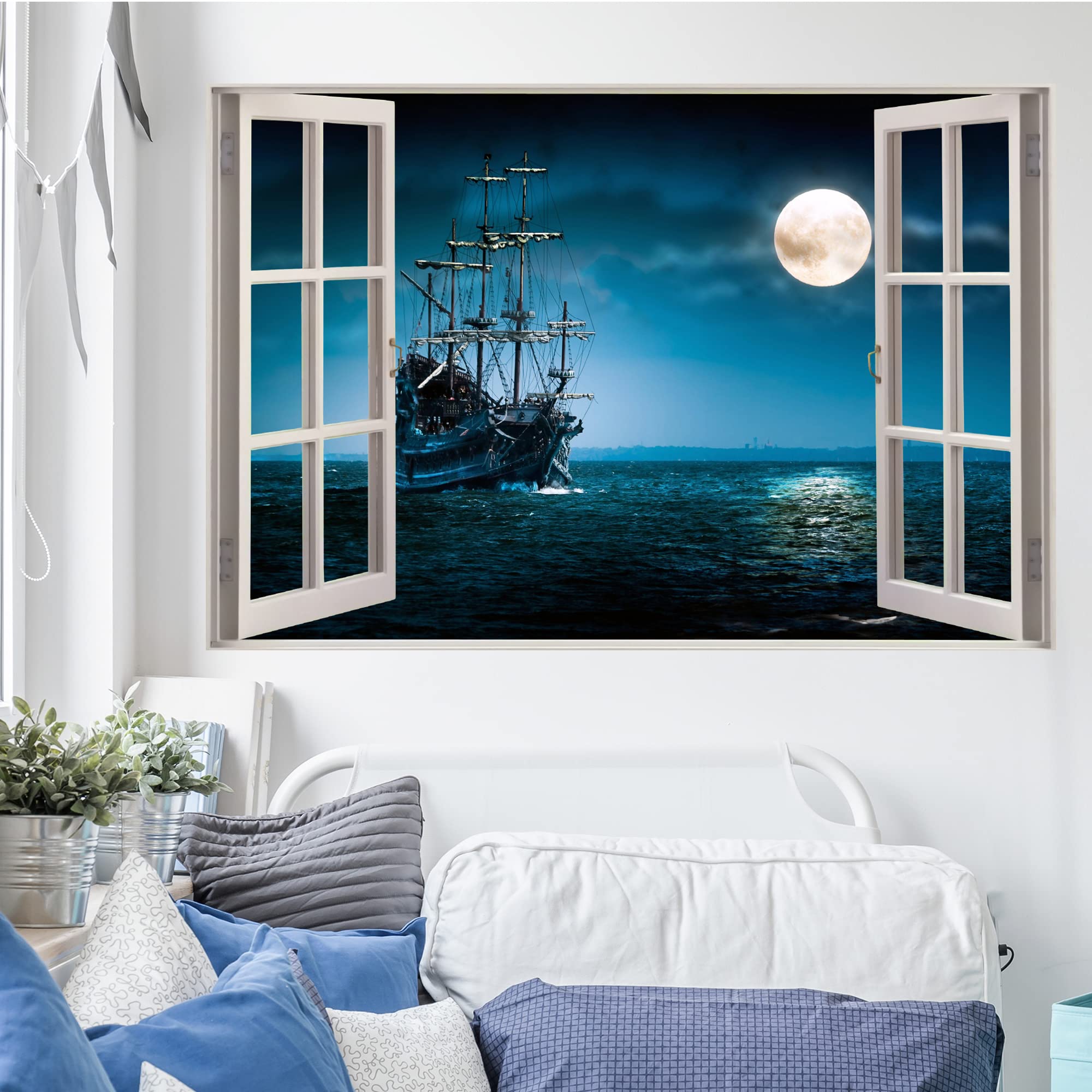 Beautiful Game Pirate Wall Decal Night Time Window Pirate Bedroom Sticker Art Mural Kids (60cm width x 40cm height)