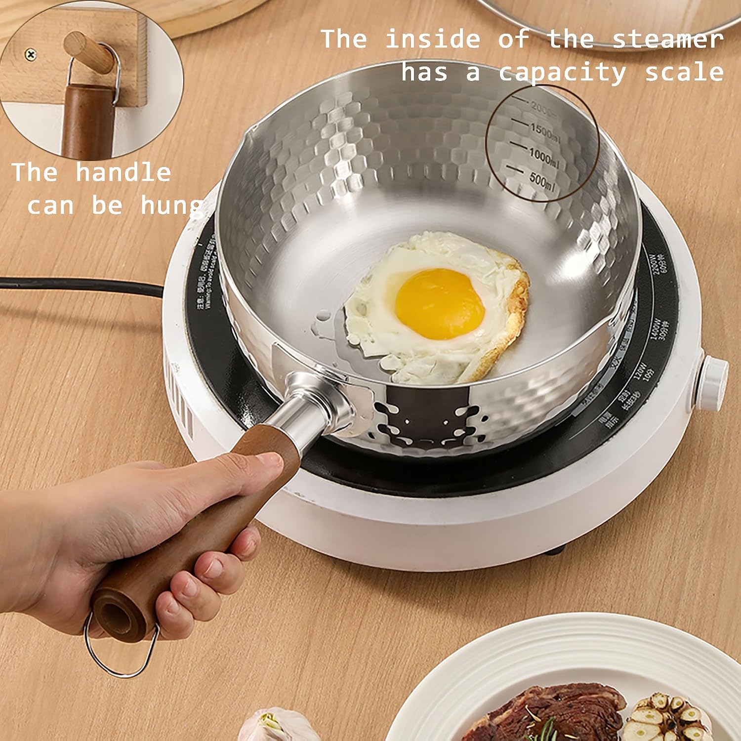 MANO 2.5Qt Saucepan with Lid and Steamer Basket 304 Stainless Steel Milk Pot with Double Pour Spouts, Wood Handle for Soup, Oatmeal, Noodles
