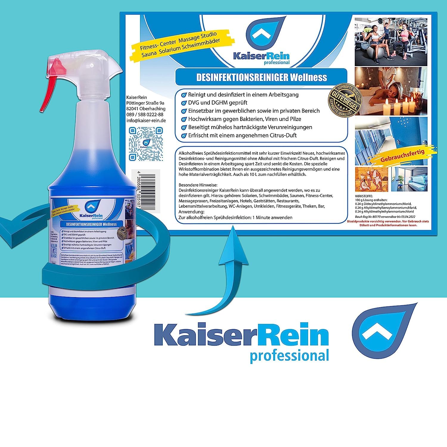 KaiserRein Desinfektionsreiniger Wellness 10 L Kanister inkl. 2 x 1 L Sprühflasche Set Desinfektionsmittel für Oberflächen, Liegen, Türklinken, Fitnessgeräte, Toiletten usw.