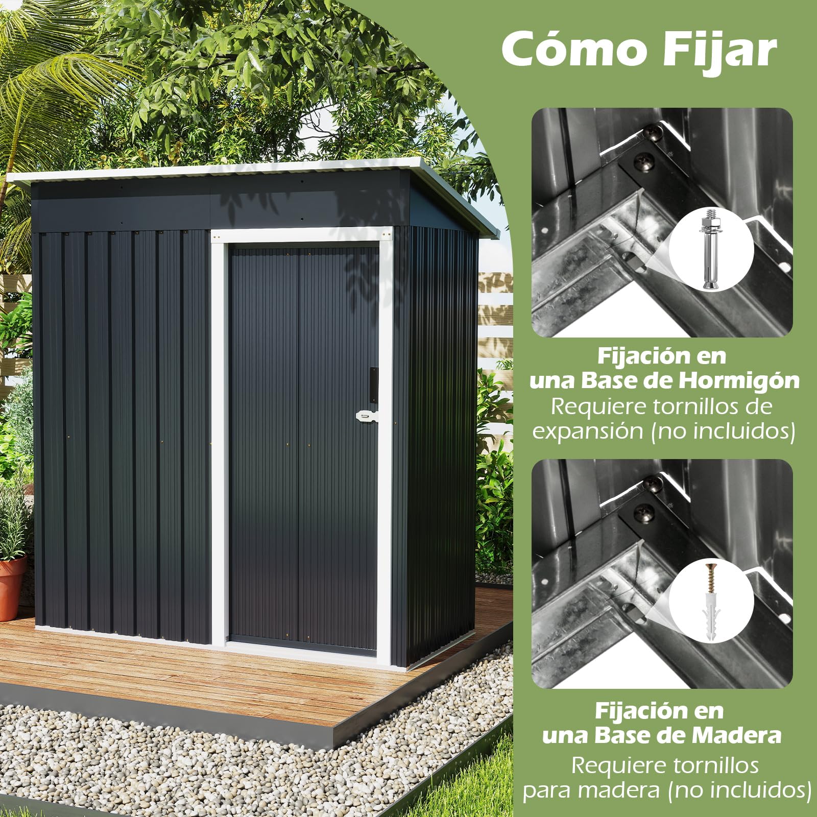 COSTWAY Caseta Jardin Exterior 1 ㎡, 163 x 86 x 181 cm, Cobertizo Jardin Exterior, Metal Galvanizado, Garden Shed de Techo Inclinado, Puertas Corredera Cerrable, Antracita