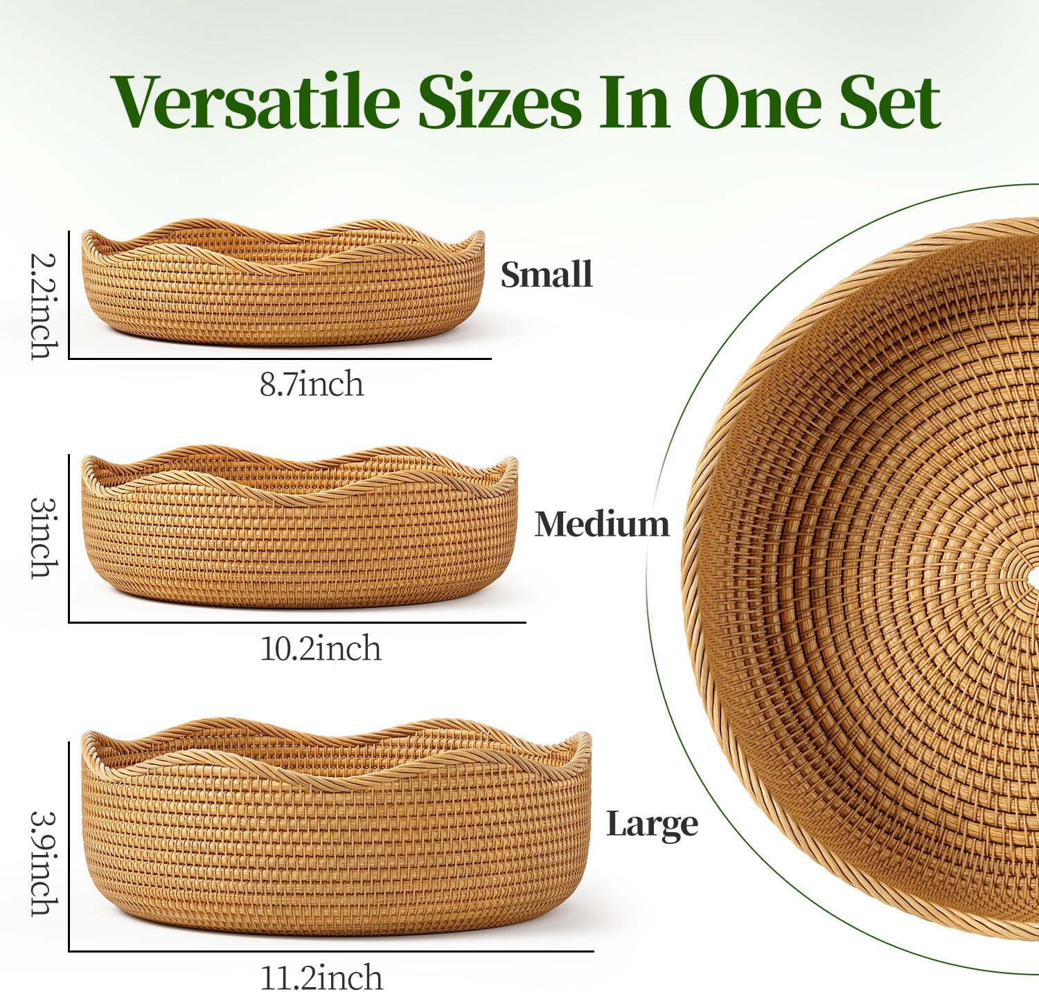 Rattan Bread Basket, 3 Pack Hand Woven Round Fruit Baskets for Serving, Picnic Basket, Wicker Storage for the Living Room Kitchen (Honey Brown)