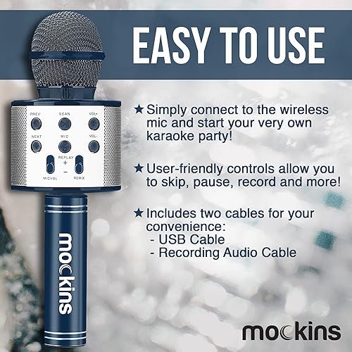 Miniatura 3 de Mockins Micrófono de karaoke Bluetooth azul marino para niños, micrófono de karaoke inalámbrico con altavoz integrado, compatible con iOS y Android