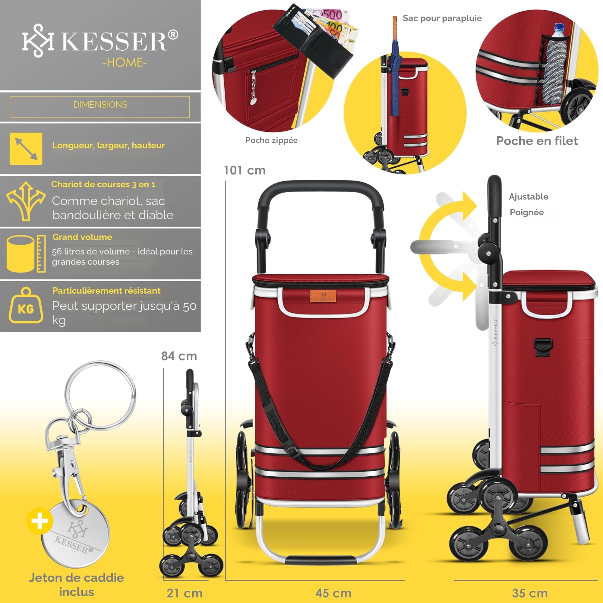 KESSER Chariot à provisions 56 L 50 kg pliable 3 en 1 avec compartiment réfrigérant Bordeaux