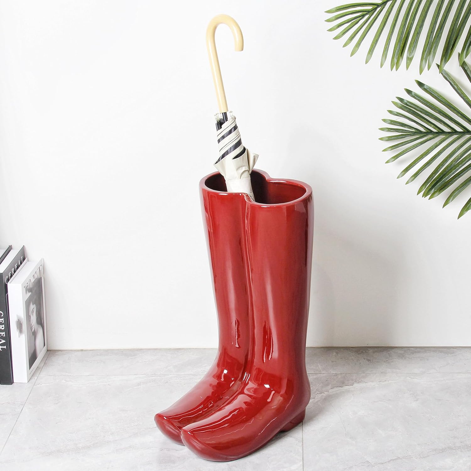 Ceramic Boot Umbrella Stand Boots Vase Freestanding Umbrella Bucket Ceramic Umbrella Rack Home Decor Piece for Home Decor, Office, Apartment, Hotel, Bars, Red