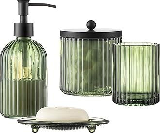 4PCs Heavy Weight Decent Glass Bathroom Accessories Set with Decorative Pressed Pattern - Includes Soap Dispenser, Lidded Cotton Jar, Tumbler and Soap Dish(Olive Green)